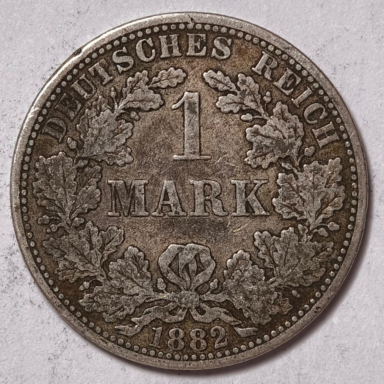 紫瑗钱币——第410期 德国 1882年 A版 第二帝国 短翅 1马克 5.5克 0.9银