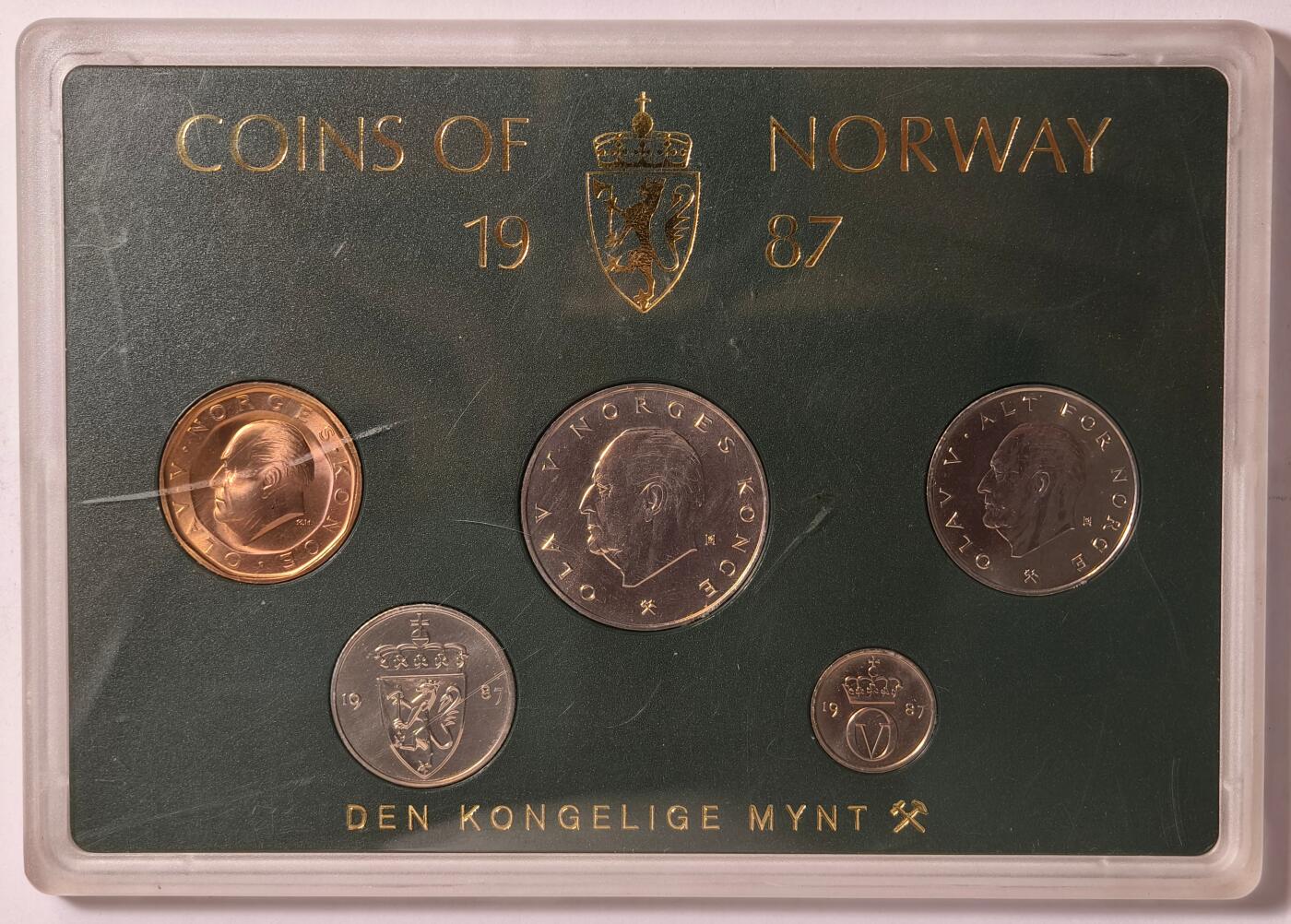 紫瑗钱币——第410期 挪威 1987年 流通硬币 5枚套 带一枚纪念币 造币厂原盒