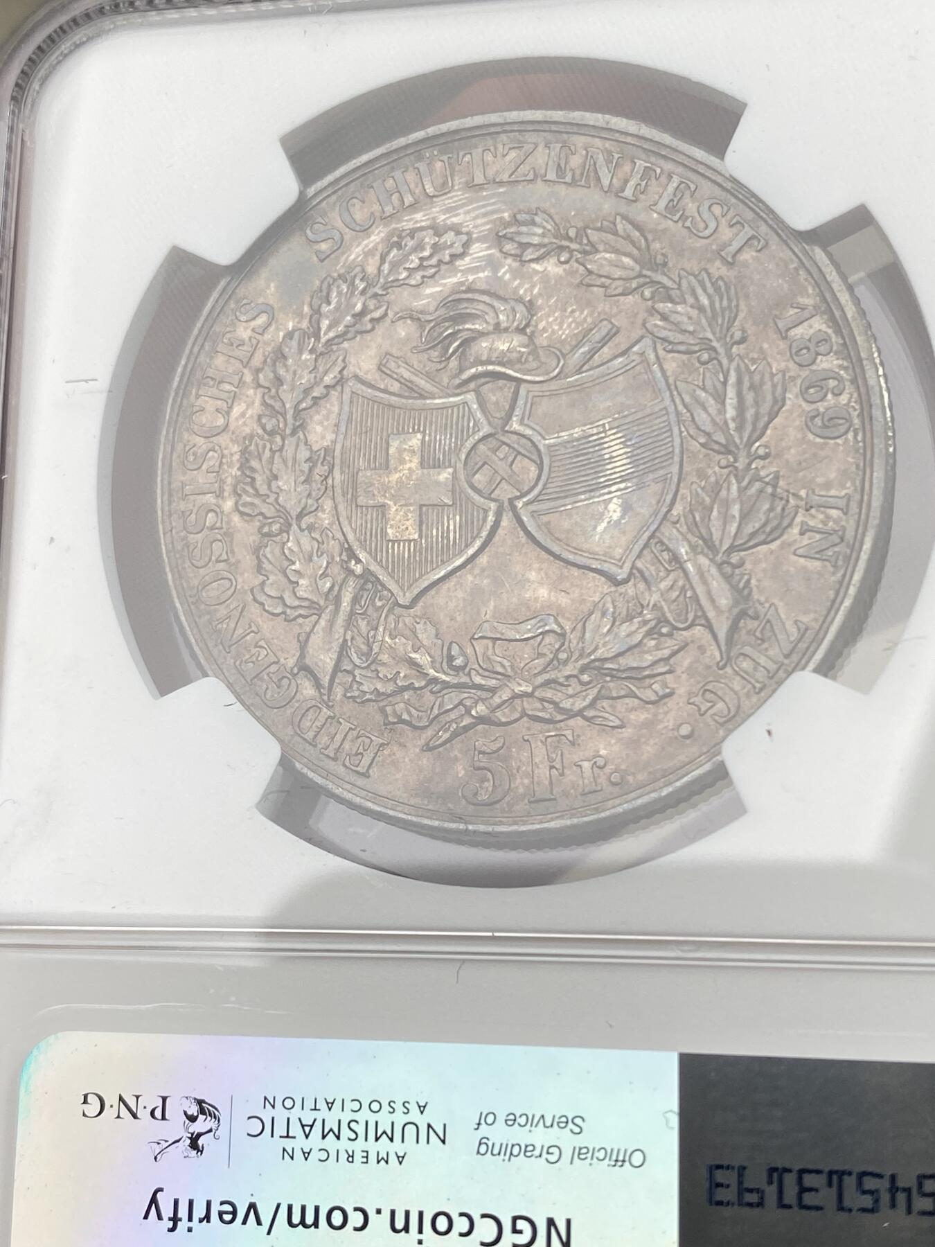 万国钱币拍卖第030期（万国三十期纪念大拍） NGC AUD 1869年瑞士楚格联邦射击节5法郎大银币 玫瑰红包浆 状态在线