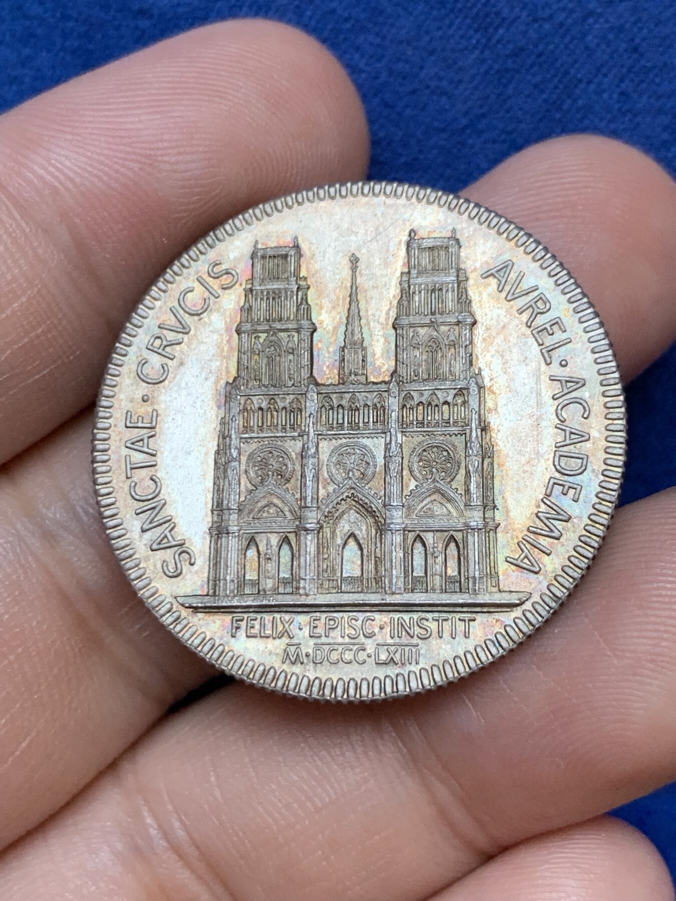 《竞宝斋》第291场- 周日，周一，周二 3场连拍 （全场包邮） 法国银质jeton，1863年奥尔良十字大教堂，13.35g，32.5mm，丰饶角边铭