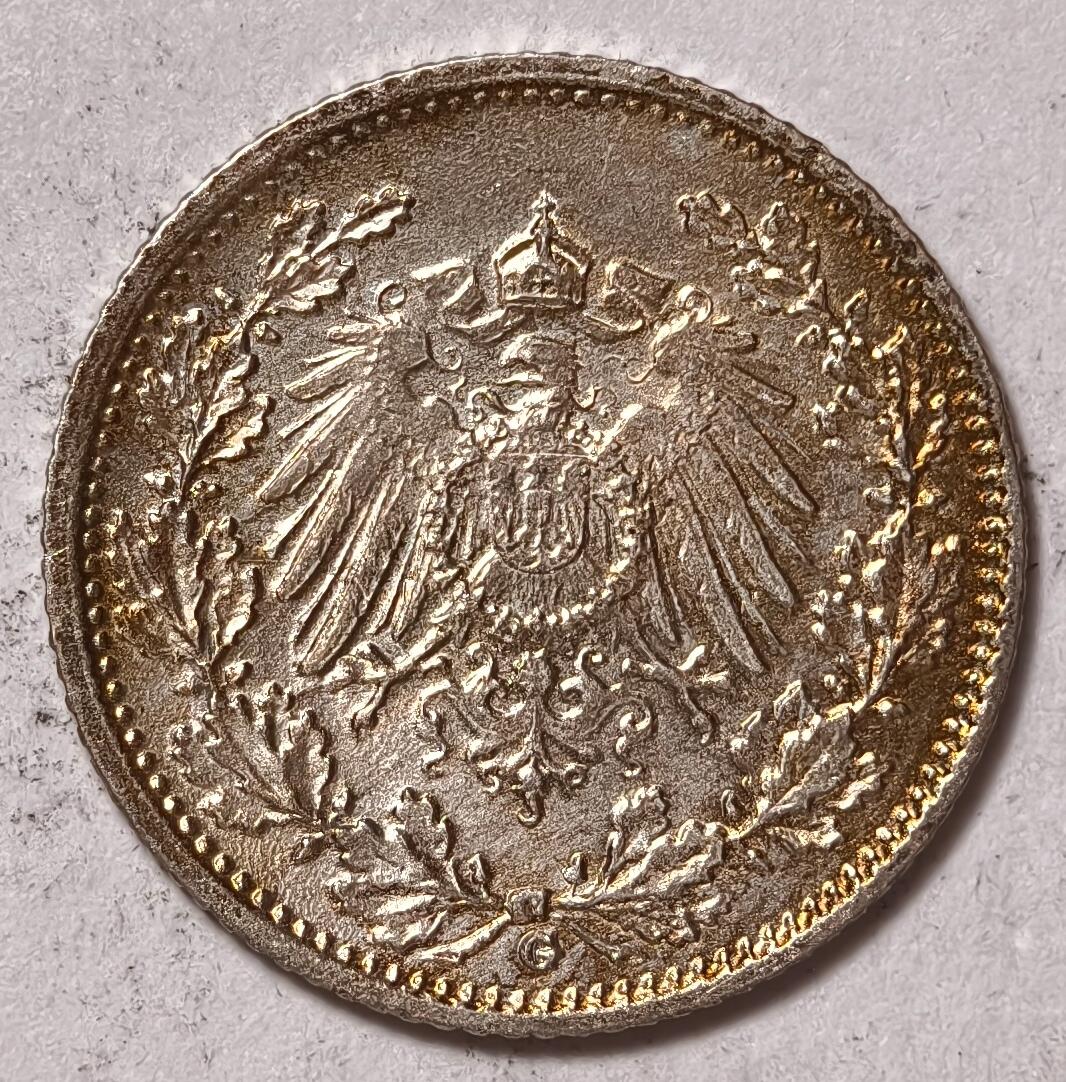 紫瑗钱币——第410期 德国 1916年 G版 第二帝国 1/2马克 银币 2.77克 0.9银 UNC