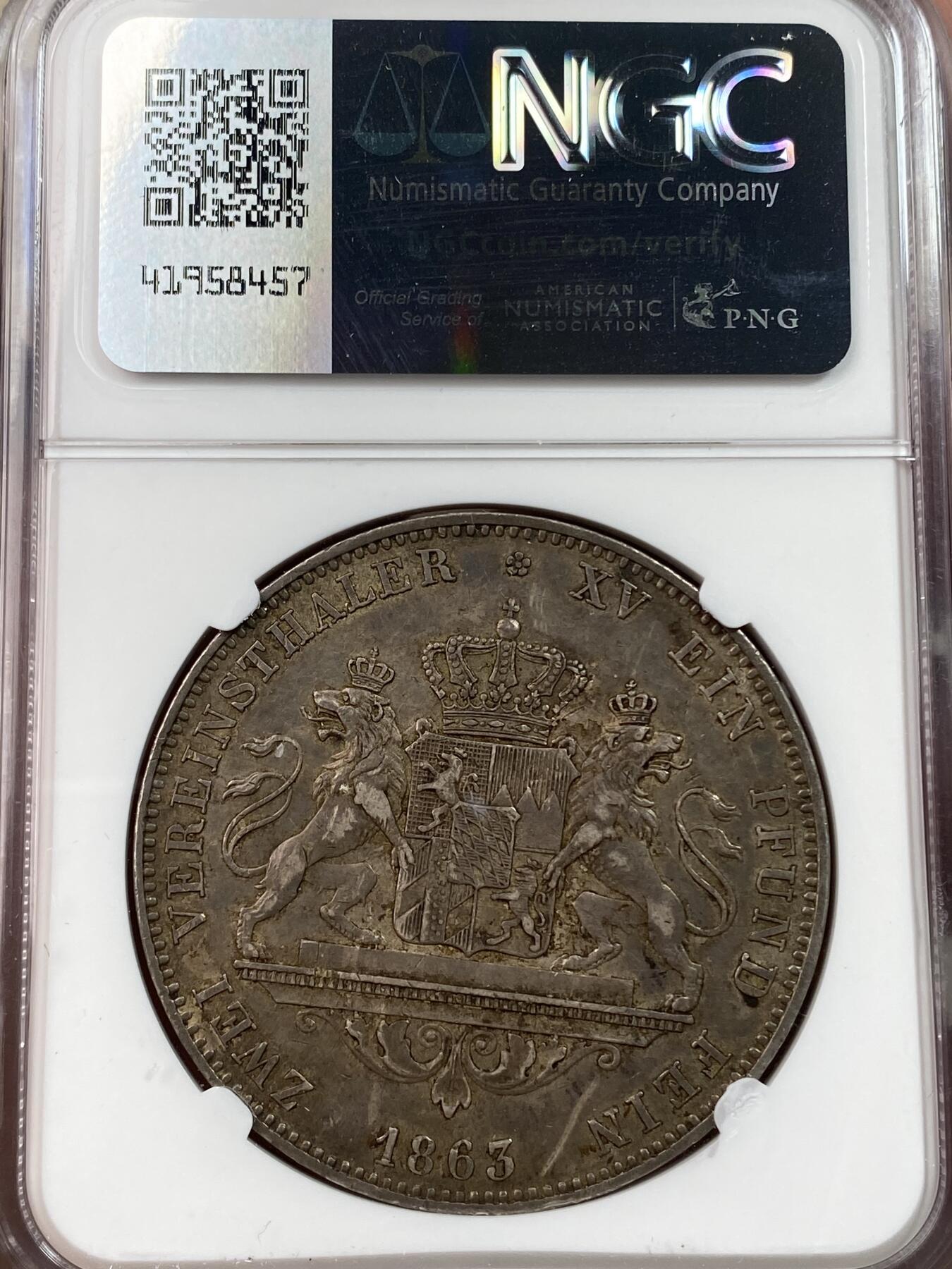 万国钱币拍卖第030期（万国三十期纪念大拍） NGC AUD 1863年德国巴伐利亚马克西米利安二世双狮流通2泰勒 欧洲酱彩流通痕迹明显 有轻微刮痕