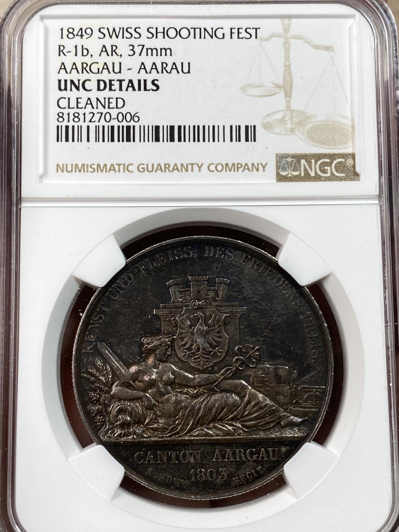 万国钱币拍卖第030期（万国三十期纪念大拍） NGC UNCD 1849年瑞士阿尔高联邦射击节银章 稀少品种 24g