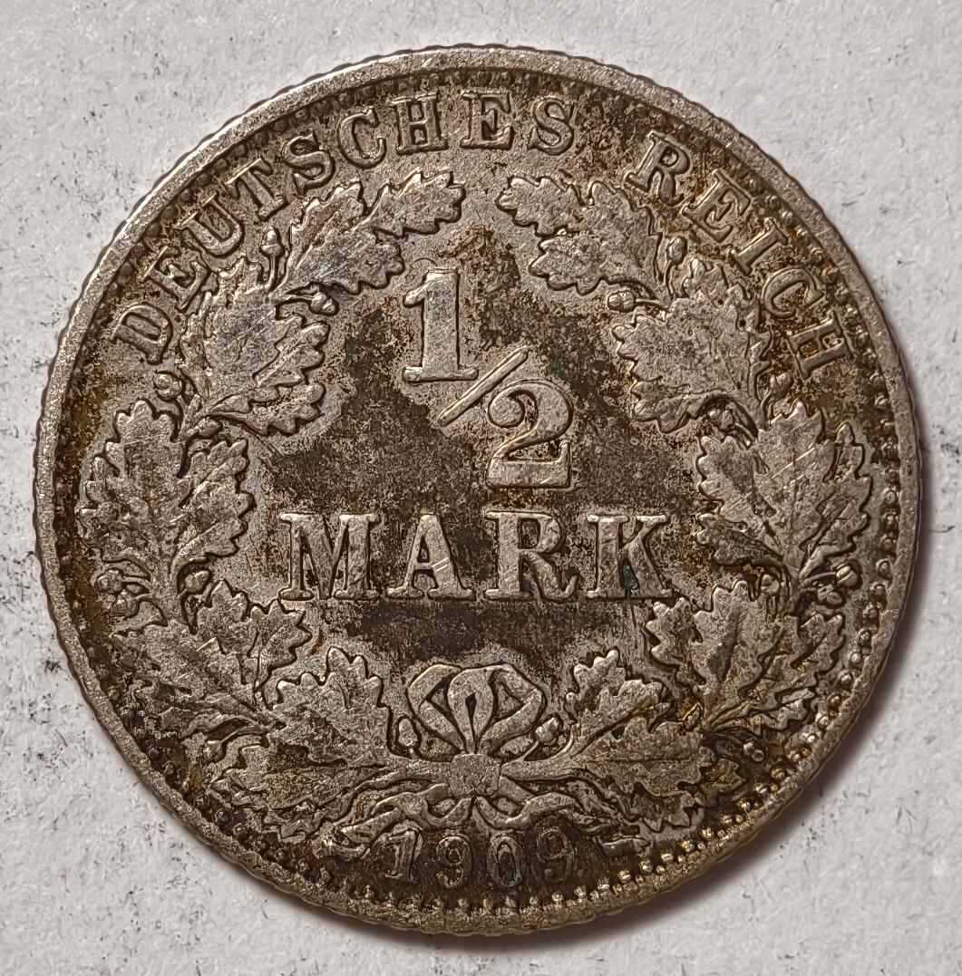 紫瑗钱币——第410期 德国 1909年 D版 第二帝国 1/2马克 银币 2.77克 0.9银