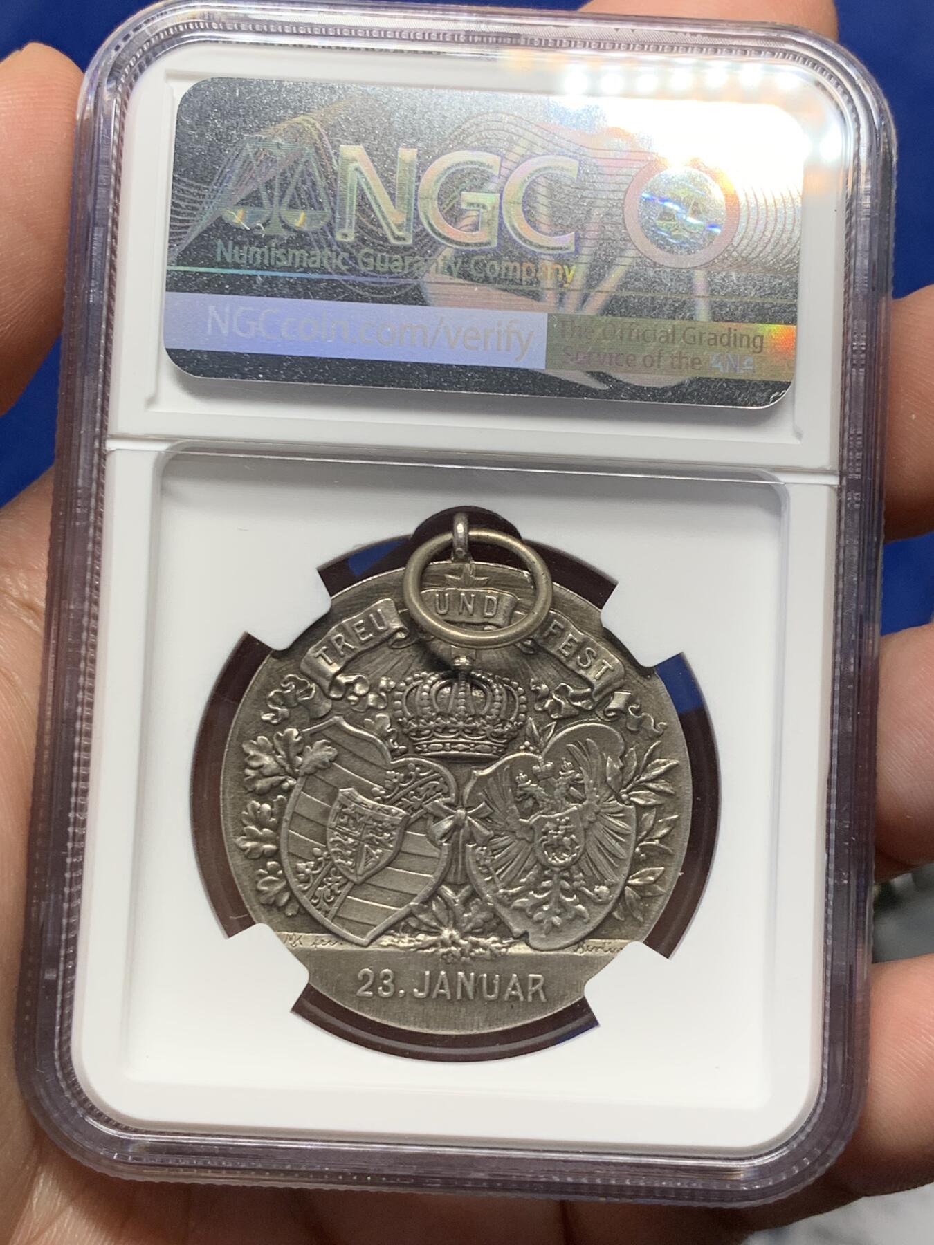 《竞宝斋》第291场- 周日，周一，周二 3场连拍 （全场包邮） NGC-MS64 德国1899年萨克斯-科堡-哥达，阿尔弗雷德和玛丽婚礼纪念银章，吊还完整，盒子加厚