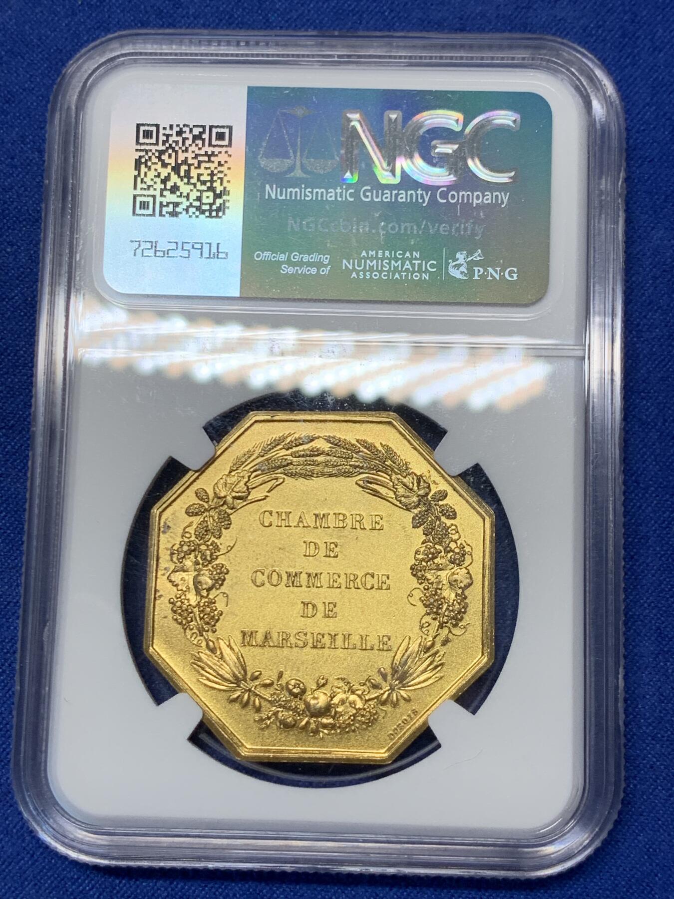 《竞宝斋》第291场- 周日，周一，周二 3场连拍 （全场包邮） NGC MS65 法国马赛商会八角镀金银质jeton