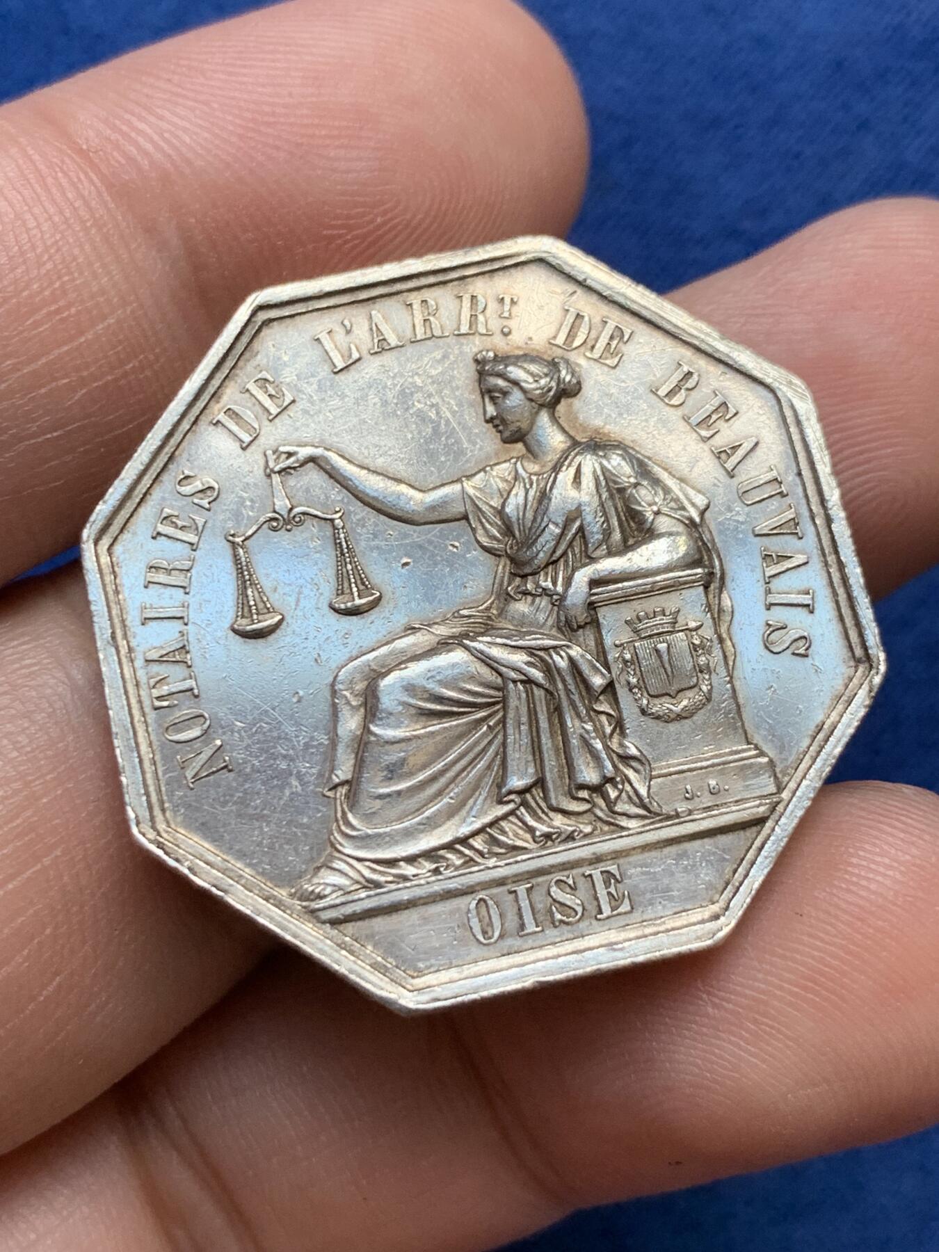 《竞宝斋》第291场- 周日，周一，周二 3场连拍 （全场包邮） 法国瓦茨省博韦公证人八角银质代币，14.51g，32mm，蜜蜂边铭