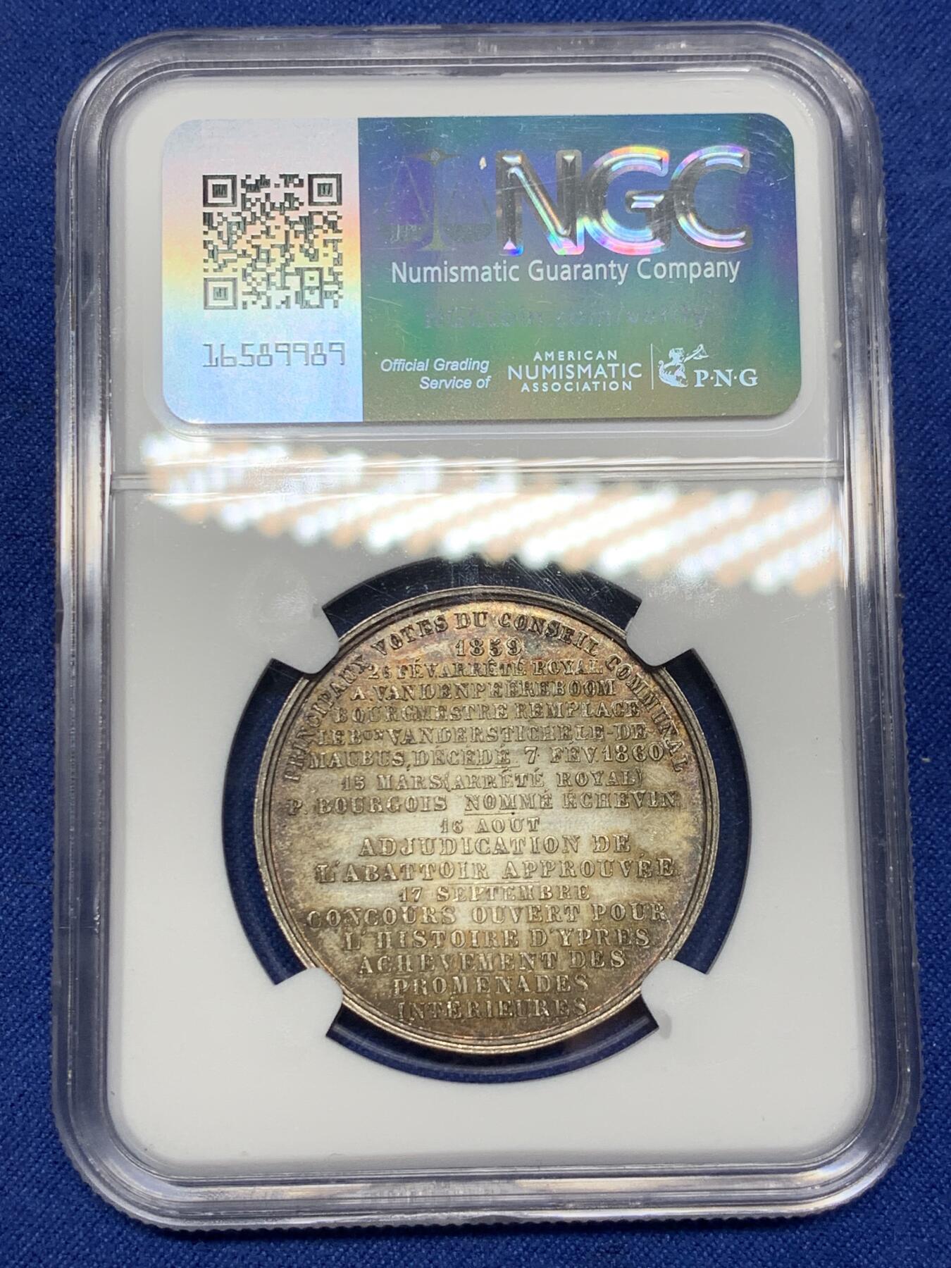 《竞宝斋》第291场- 周日，周一，周二 3场连拍 （全场包邮） NGC-MS64 比利时1859年伊普尔市议会出席银章，五彩狮子