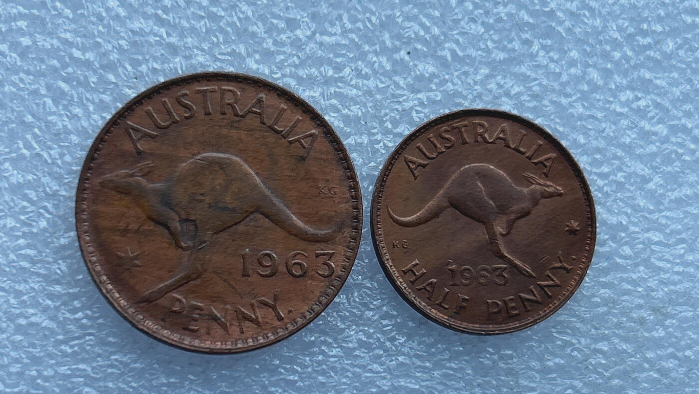第一海外回流一元起拍收藏 散币专场 第103期 澳大利亚1963年袋鼠1/2便士+1便士铜币一对 伊丽莎白二世