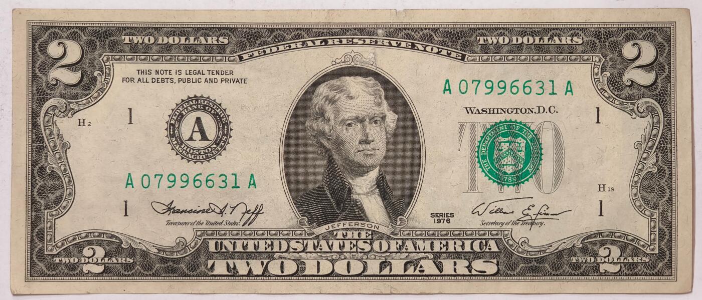 紫瑗钱币——第391期拍卖——纸币场 美国 1976年 A版 无序列 托马斯.杰斐逊 2美元 AU
