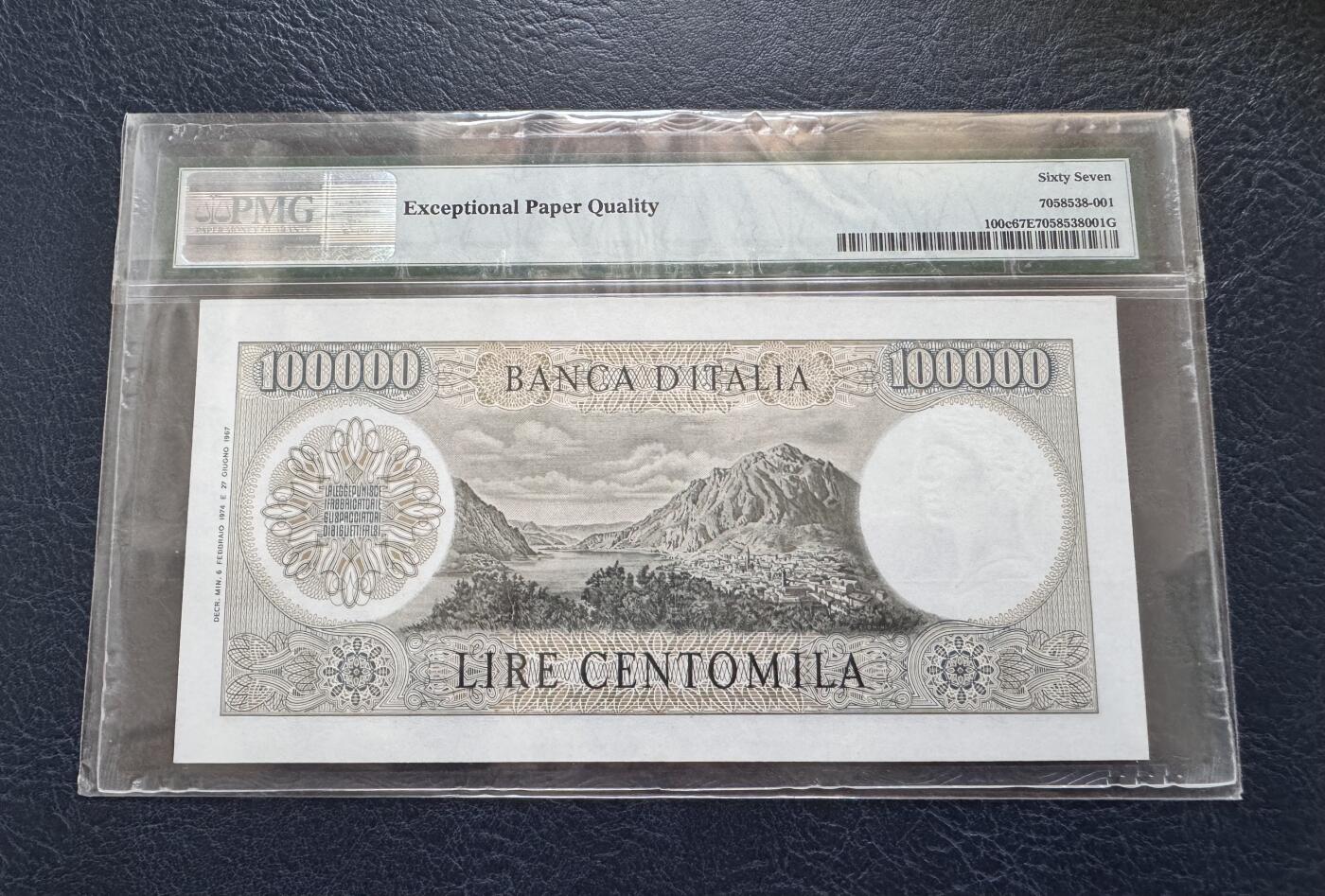 收藏联盟Quantum Auction 第363期拍卖  意大利1972-74年100000里拉 PMG67 号码无4 曼佐尼