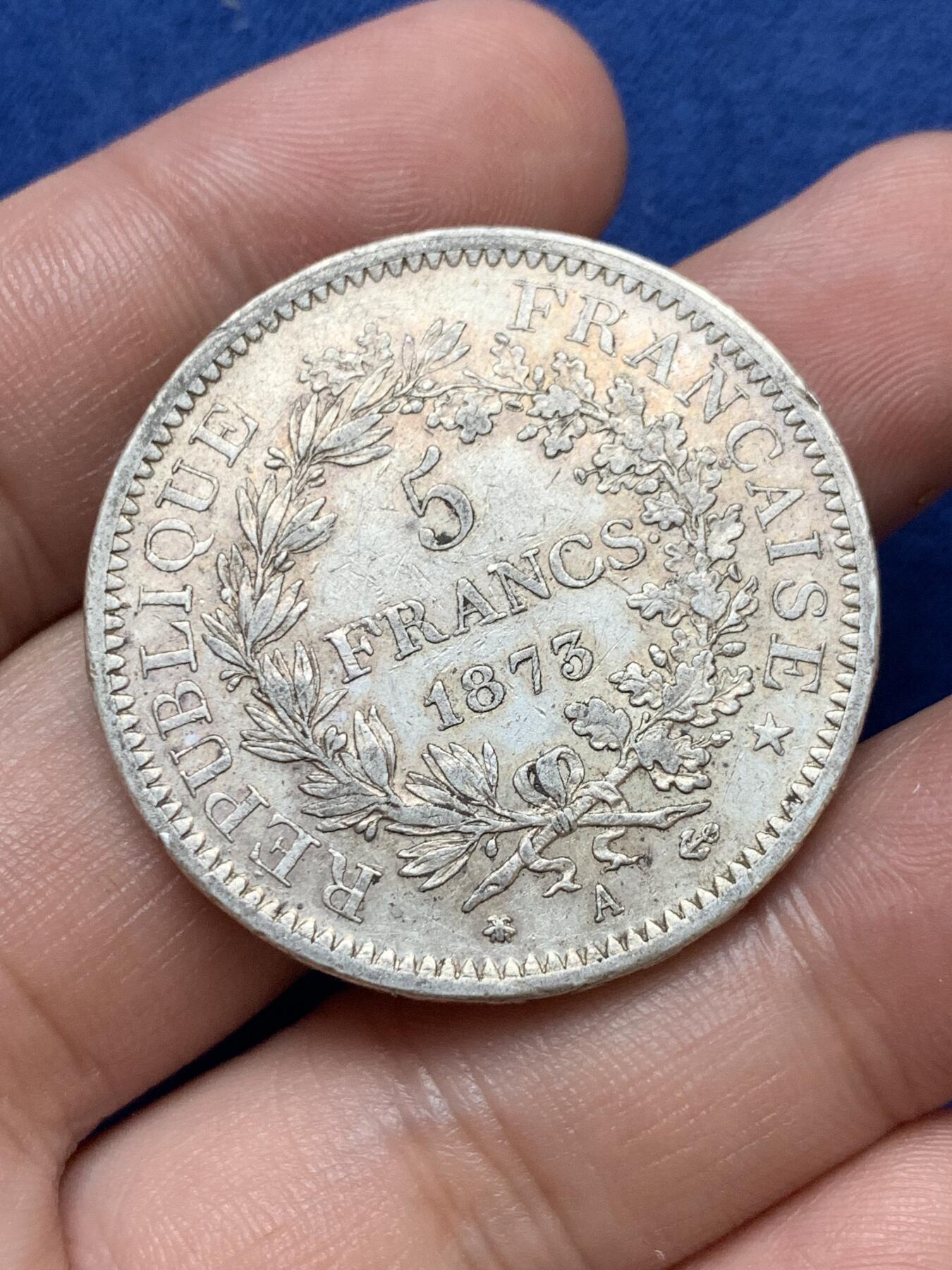 《竞宝斋》第290场- 周日，周一，周二 3场连拍 （全场包邮） 1873年法国大力神5法郎银币 25g