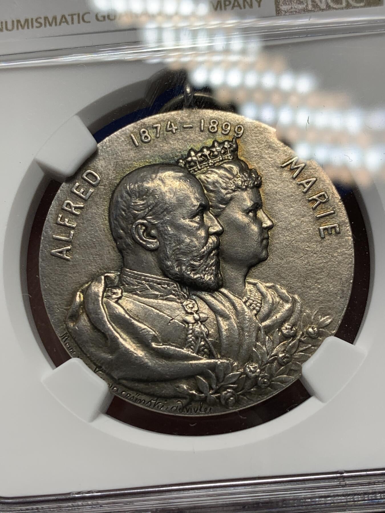 《竞宝斋》第291场- 周日，周一，周二 3场连拍 （全场包邮） NGC-MS64 德国1899年萨克斯-科堡-哥达，阿尔弗雷德和玛丽婚礼纪念银章，吊还完整，盒子加厚