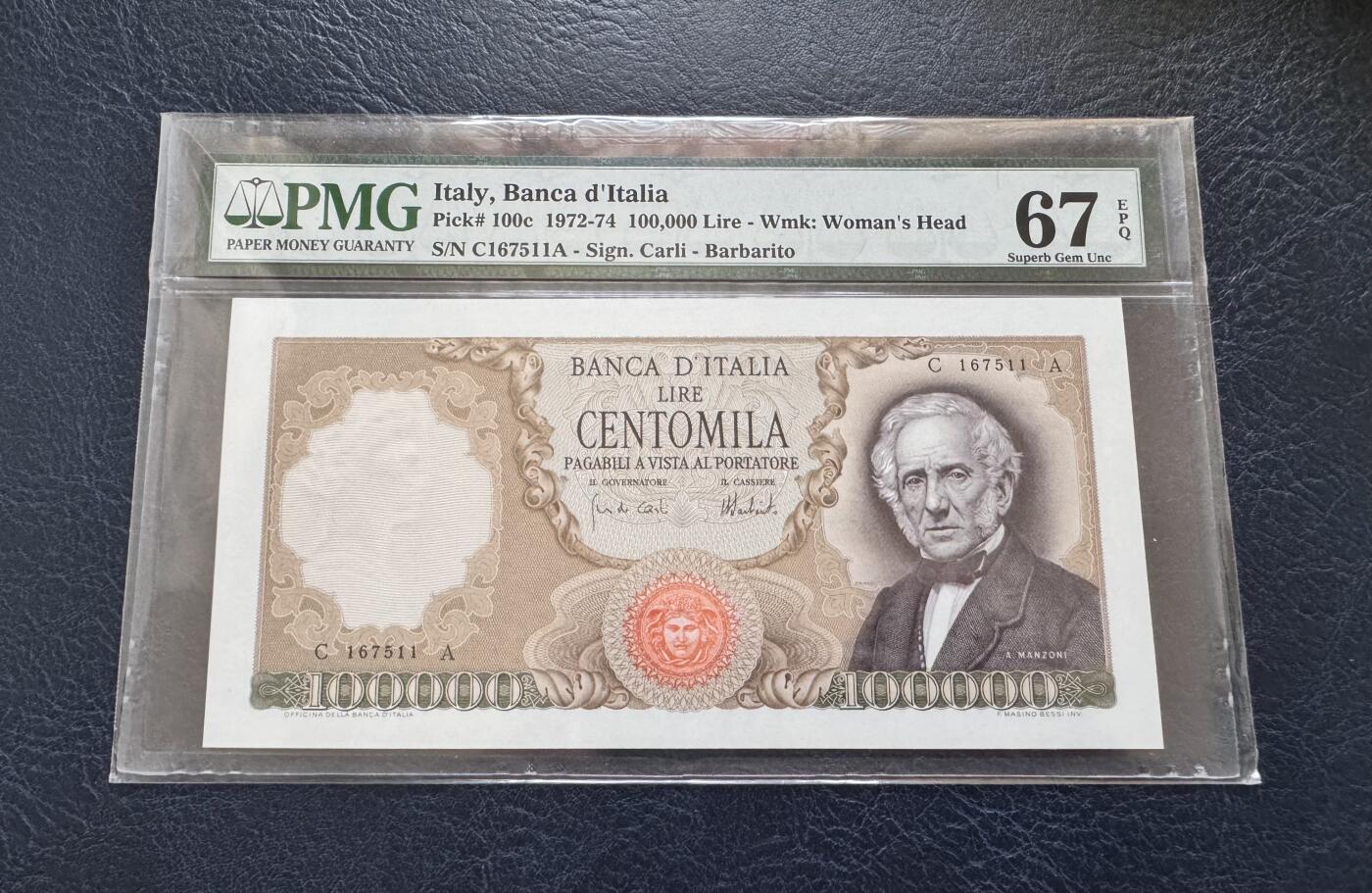 收藏联盟Quantum Auction 第363期拍卖  意大利1972-74年100000里拉 PMG67 号码无4 曼佐尼