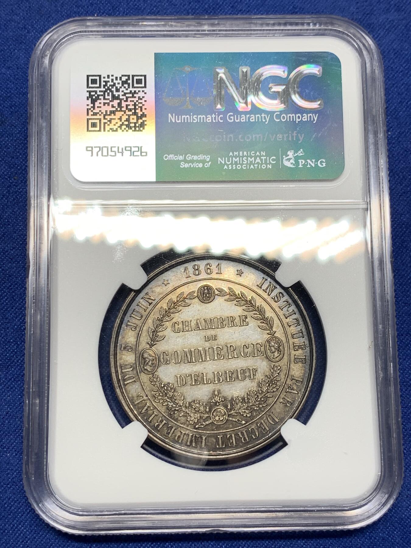 《竞宝斋》第291场- 周日，周一，周二 3场连拍 （全场包邮） NGC-MS64 法国埃尔伯夫商会银质代币