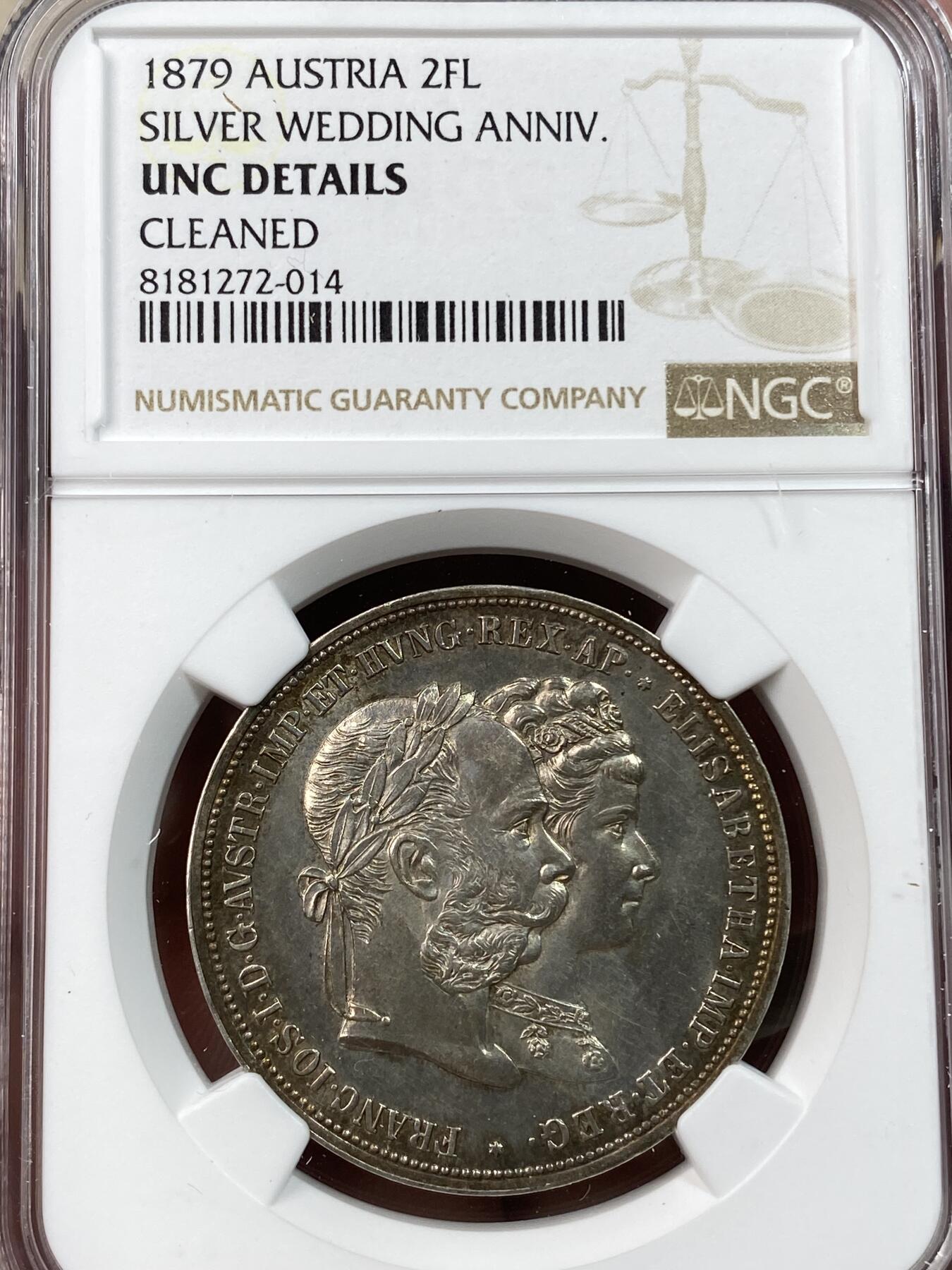 万国钱币拍卖第030期（万国三十期纪念大拍） NGC UNCD 1879年奥地利佛朗茨一世与伊丽莎白·欧根妮银婚纪念流通2福林 