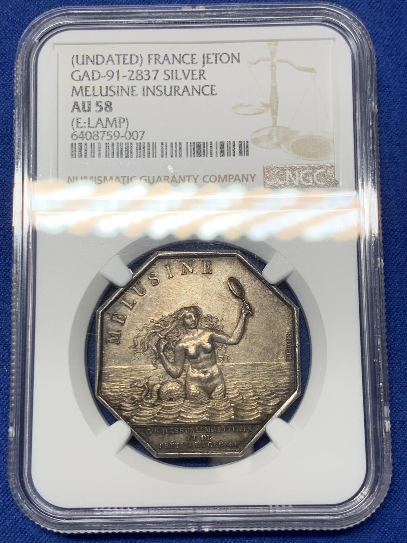 《竞宝斋》第291场- 周日，周一，周二 3场连拍 （全场包邮） NGC-AU58 法国名誉品海妖八角银质jeton，早期油灯人脸较难保存，难得au品相