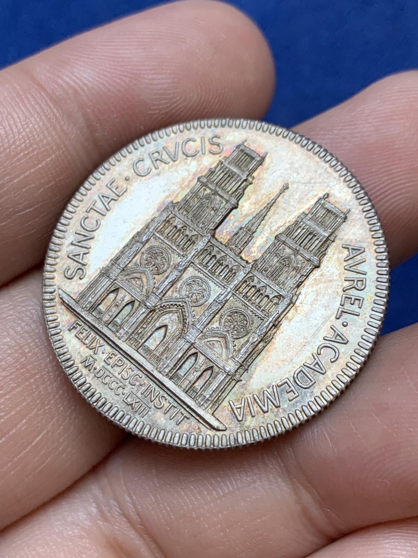 《竞宝斋》第291场- 周日，周一，周二 3场连拍 （全场包邮） 法国银质jeton，1863年奥尔良十字大教堂，13.35g，32.5mm，丰饶角边铭