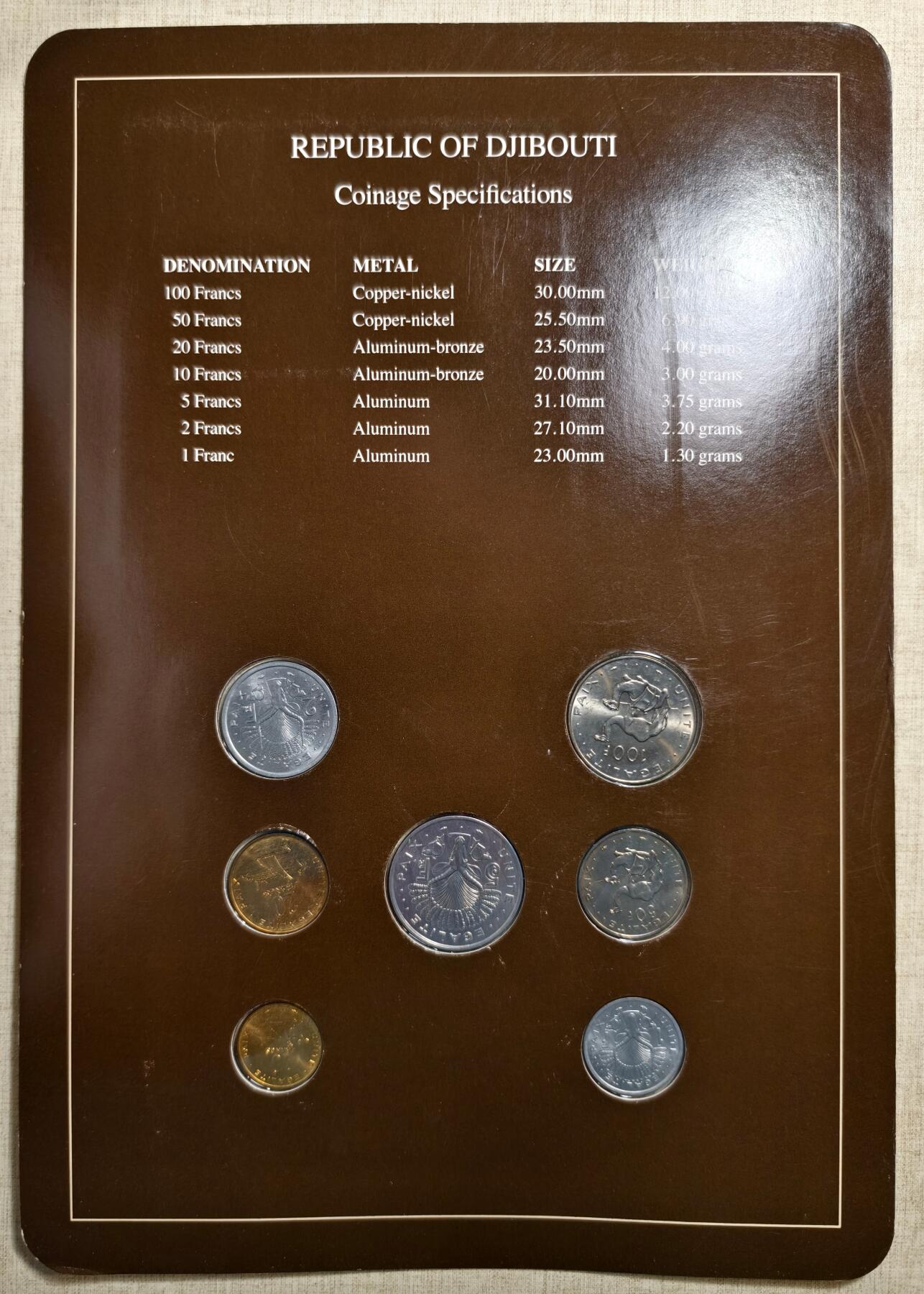 紫瑗钱币——第410期 吉布提 富兰克林 1—100法郎 7枚全套 UNC