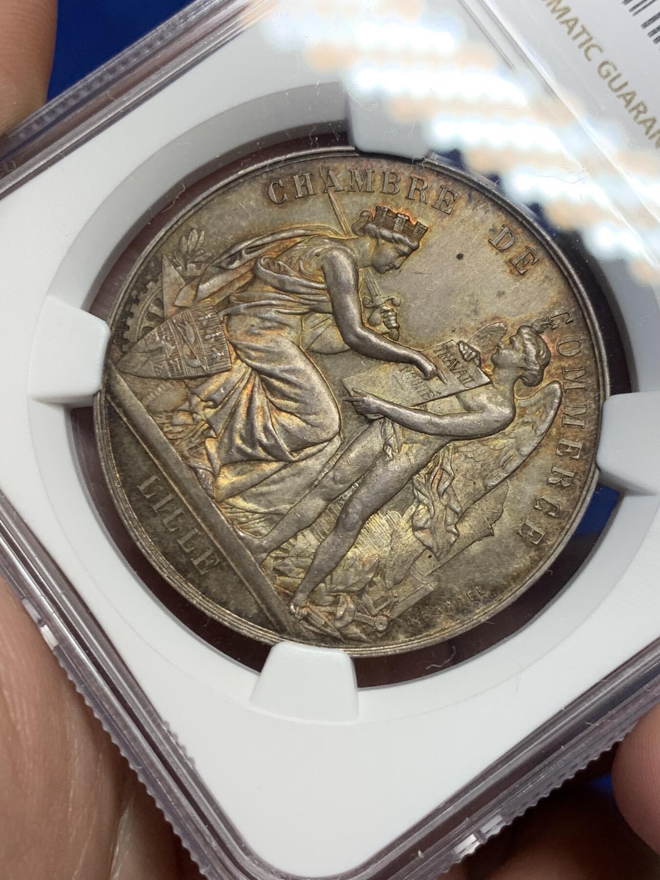 《竞宝斋》第291场- 周日，周一，周二 3场连拍 （全场包邮） NGC-MS64 法国里尔商会银质代币