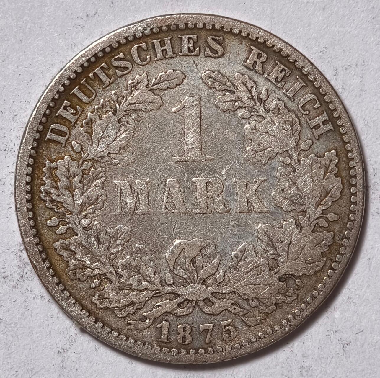 紫瑗钱币——第410期 德国 1875年 F版 第二帝国 短翅 1马克 5.5克 0.9银