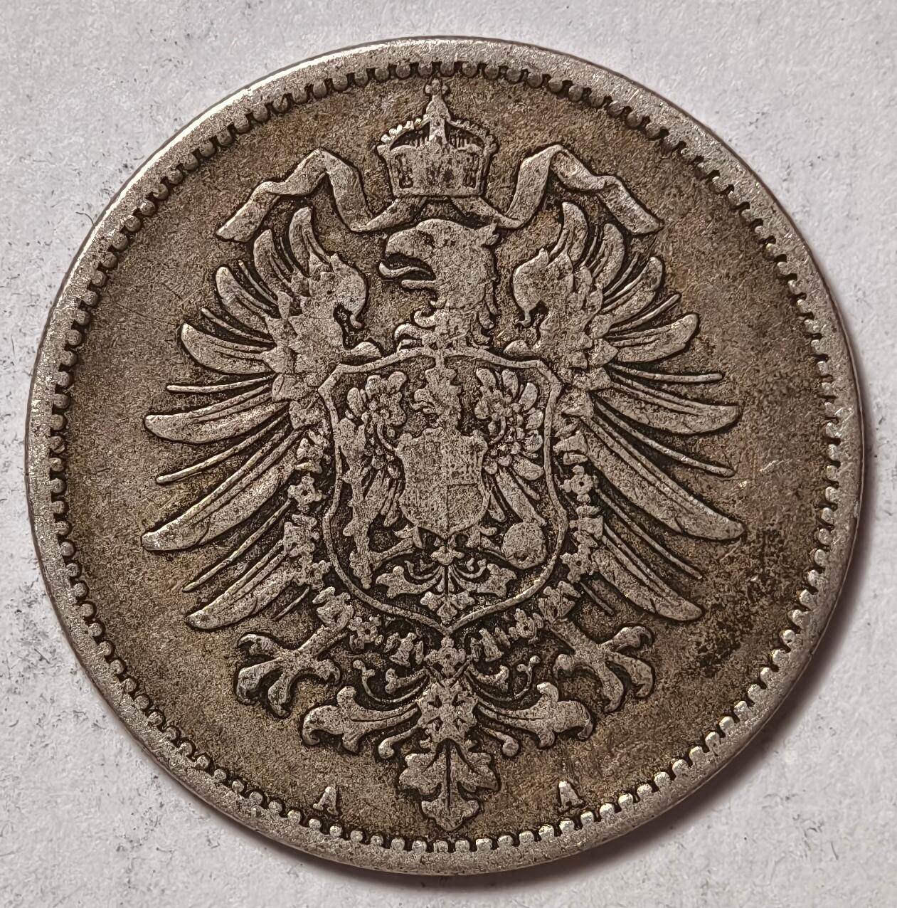 紫瑗钱币——第410期 德国 1882年 A版 第二帝国 短翅 1马克 5.5克 0.9银