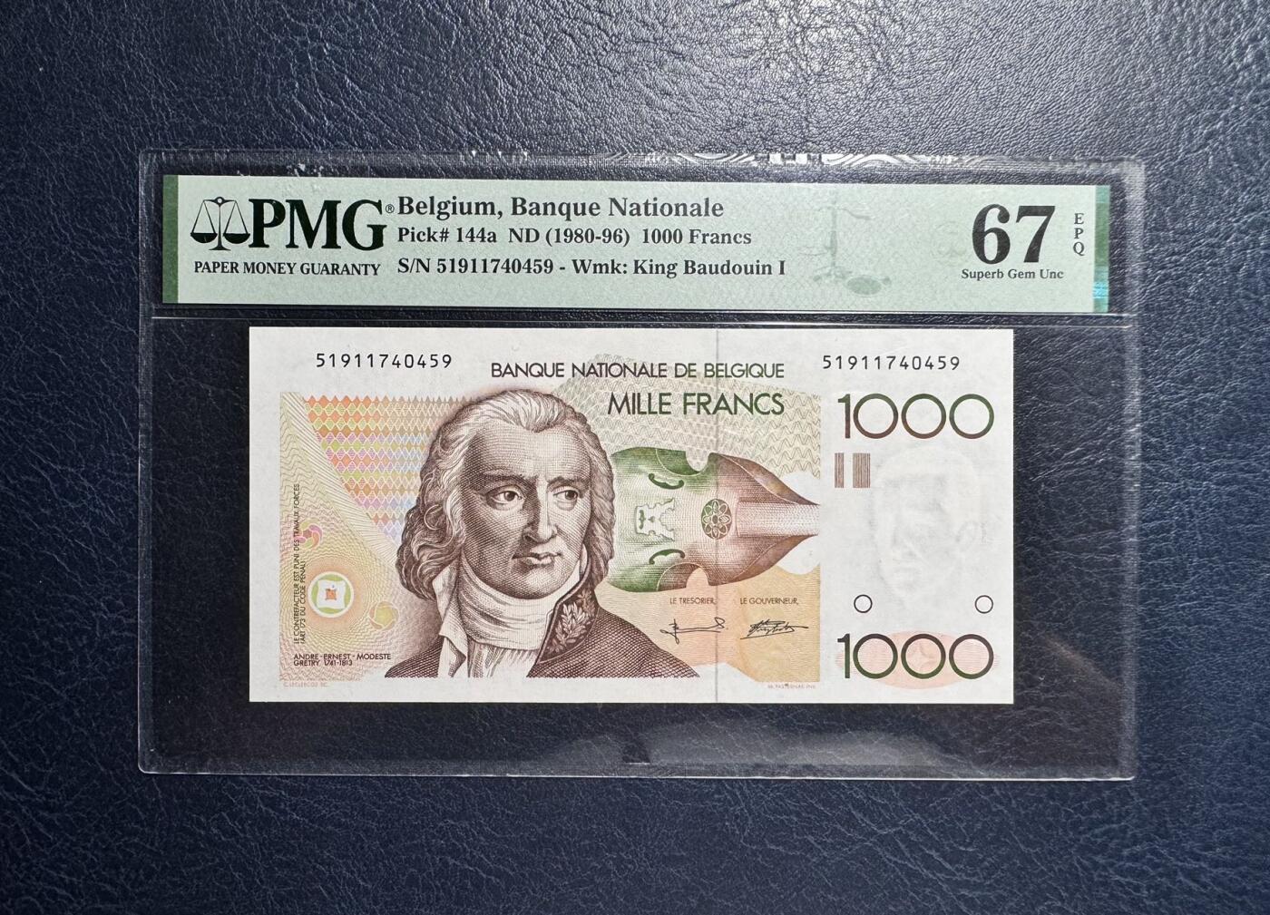 收藏联盟Quantum Auction 第363期拍卖  比利时ND (1980-96)年1000法郎 PMG67 