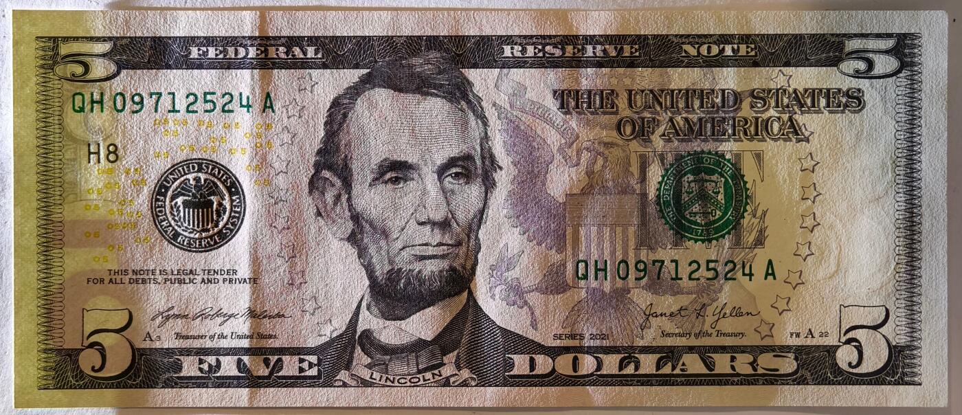 紫瑗钱币——第391期拍卖——纸币场 美国 2021年 H版 无序列 亚伯拉罕·林肯 5美元 彩色版 AU