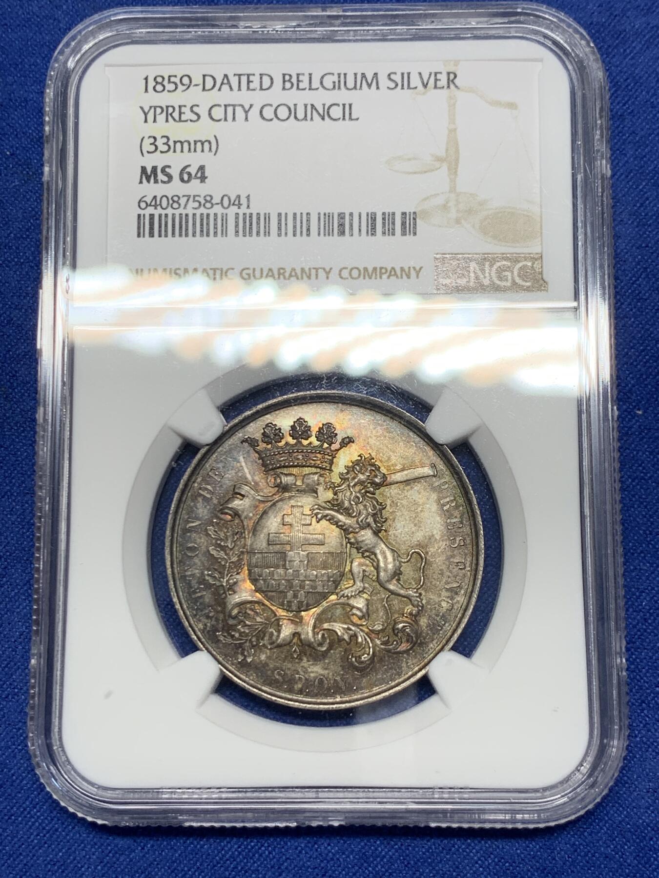 《竞宝斋》第291场- 周日，周一，周二 3场连拍 （全场包邮） NGC-MS64 比利时1859年伊普尔市议会出席银章，五彩狮子