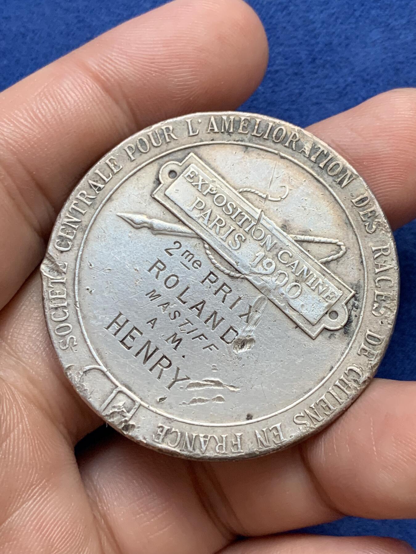 《竞宝斋》第291场- 周日，周一，周二 3场连拍 （全场包邮） 法国中央犬种改良协会银章，46.28g，44.5mm，丰饶角边铭，边磕碰