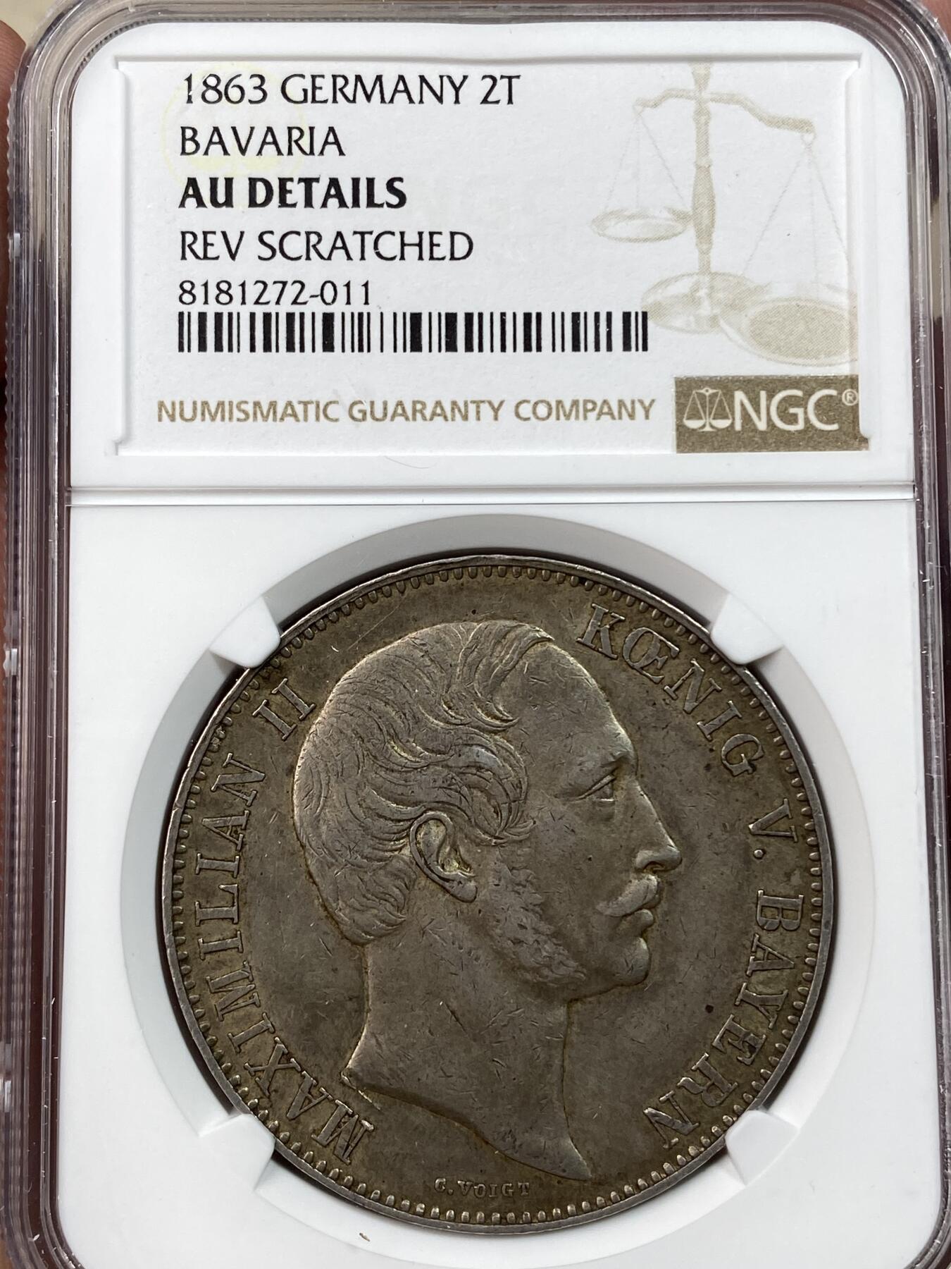 万国钱币拍卖第030期（万国三十期纪念大拍） NGC AUD 1863年德国巴伐利亚马克西米利安二世双狮流通2泰勒 欧洲酱彩流通痕迹明显 有轻微刮痕