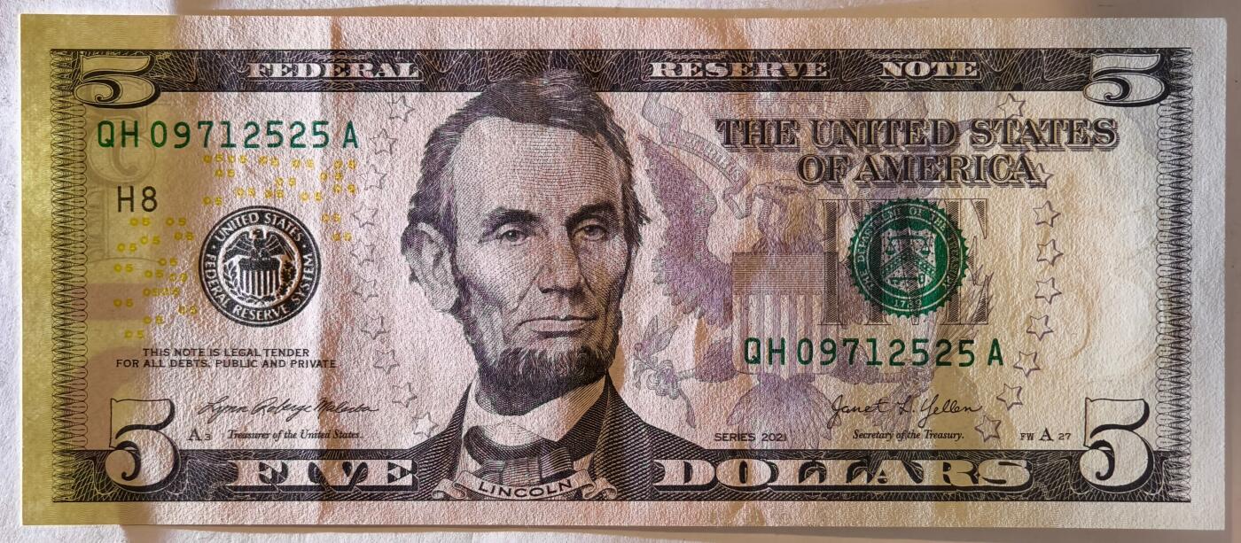 紫瑗钱币——第391期拍卖——纸币场 美国 2021年 H版 无序列 亚伯拉罕·林肯 5美元 彩色版 AU