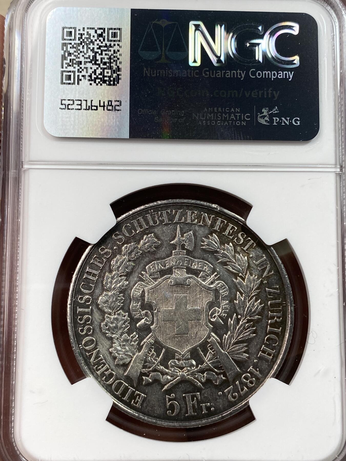 万国钱币拍卖第030期（万国三十期纪念大拍） NGC AUD 1872年瑞士苏黎世联邦射击节5法郎大银币 