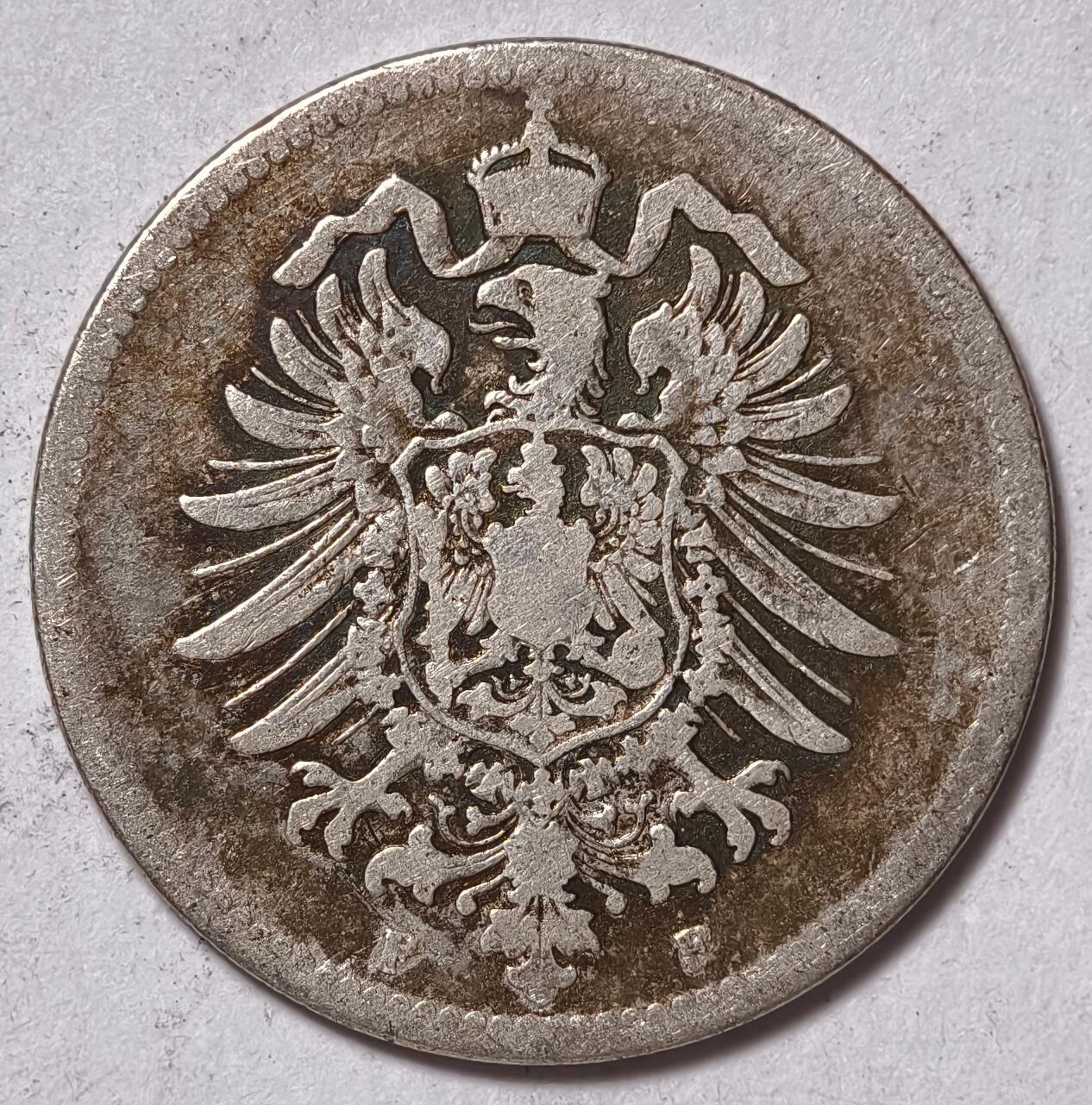 紫瑗钱币——第410期 德国 1875年 F版 第二帝国 短翅 1马克 5.5克 0.9银