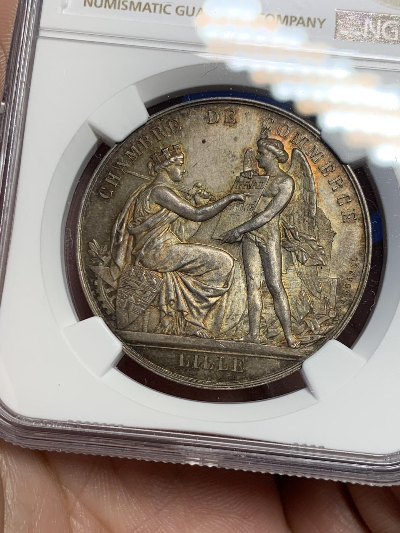 《竞宝斋》第291场- 周日，周一，周二 3场连拍 （全场包邮） NGC-MS64 法国里尔商会银质代币