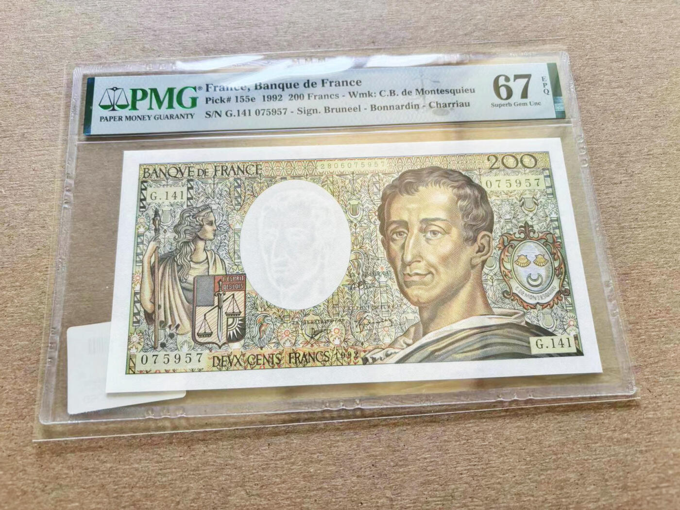 【Blue Auction】✨世界纸币精拍第511期【精】 法国 1992年200法郎 孟德斯鸠 PMG67EPQ 高分