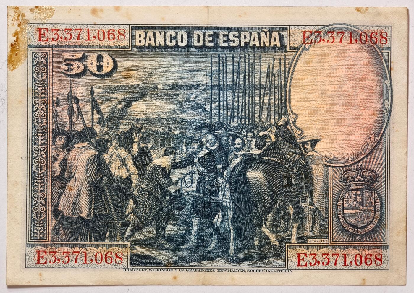 紫瑗钱币——第391期拍卖——纸币场 西班牙 1928年 油画《布雷达的献城》50比塞塔 AU 有折