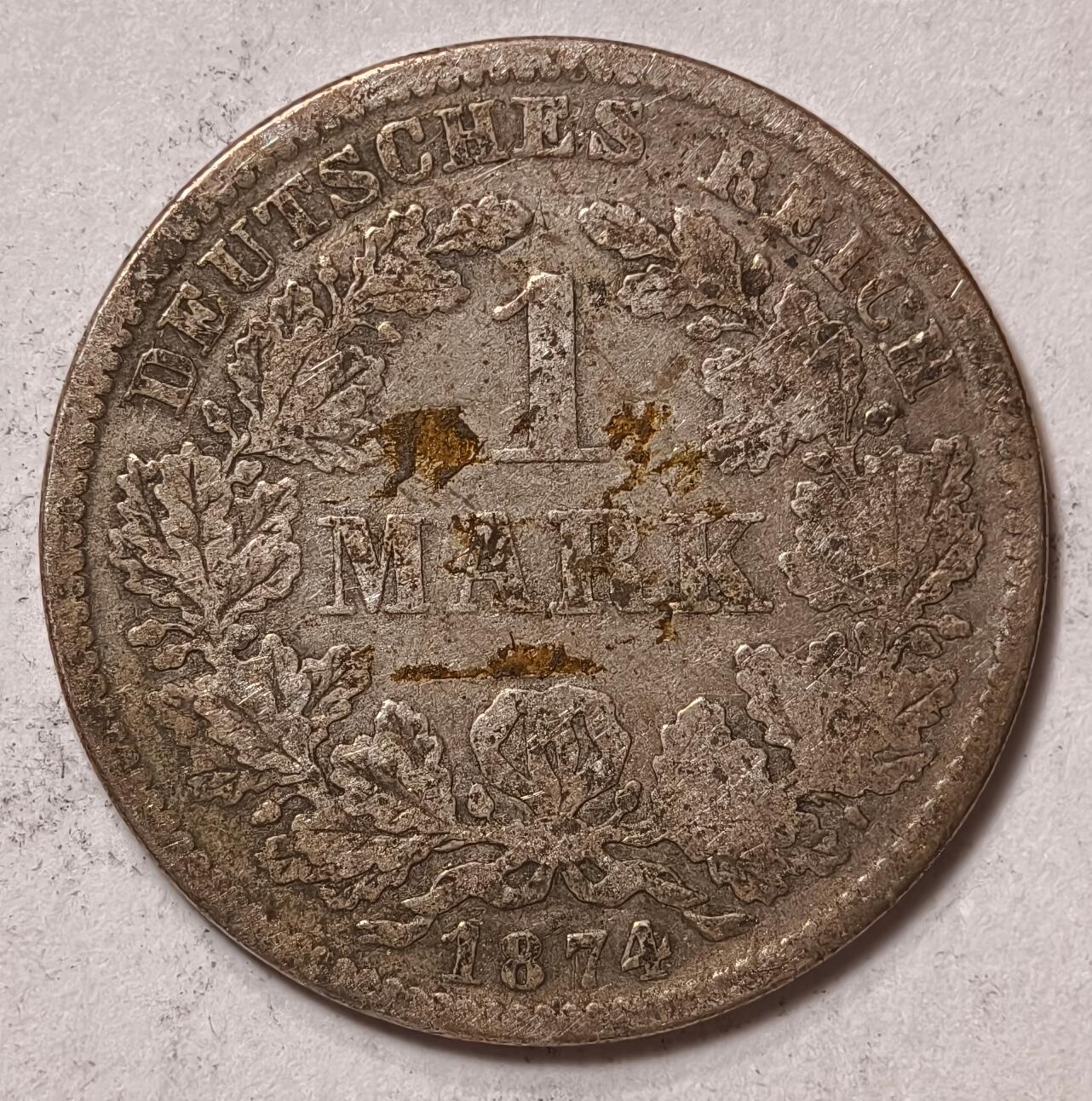 紫瑗钱币——第410期 德国 1874年 F版 第二帝国 短翅 1马克 5.5克 0.9银