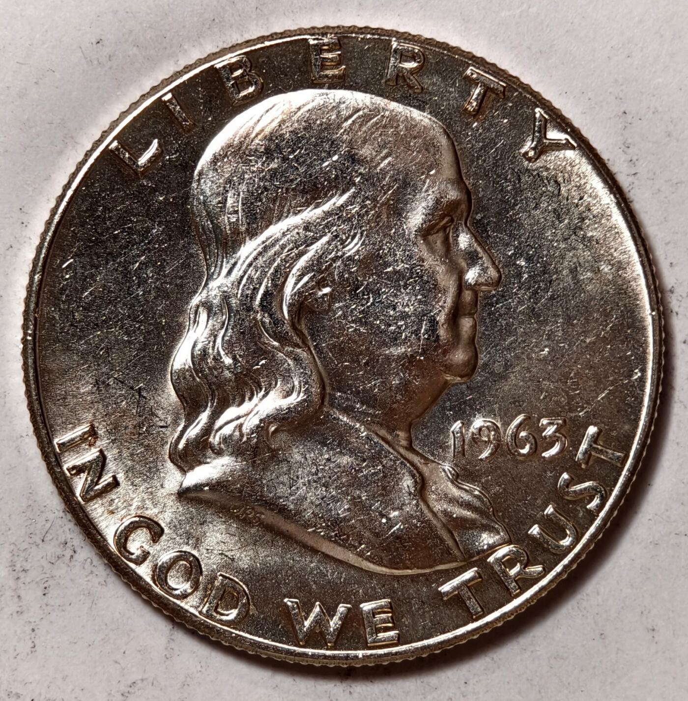 紫瑗钱币——第410期 美国 1963年 富兰克林 50美分 半美元 12.5克 0.9银 UNC