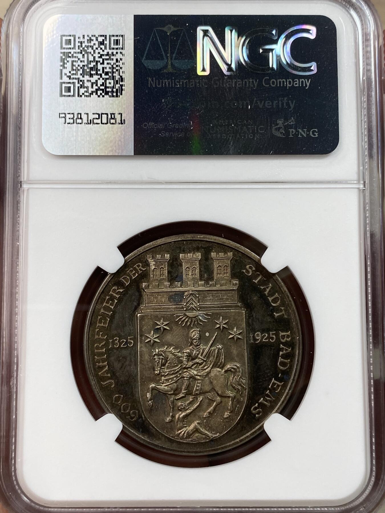 万国钱币拍卖第030期（万国三十期纪念大拍） NGC MS64 1925年德国巴特埃姆斯建城600周年纪念景观银章 超炫原盒七彩包浆 巴特埃姆斯城市盾徽