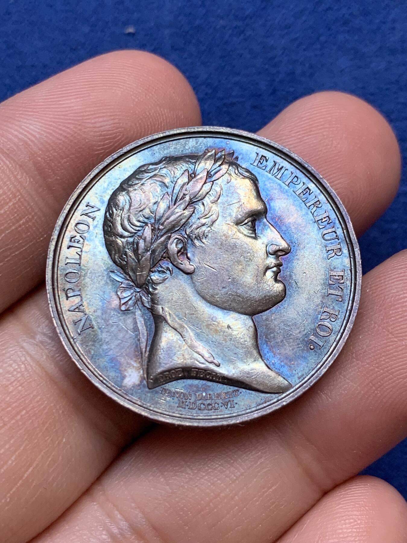 《竞宝斋》第291场- 周日，周一，周二 3场连拍 （全场包邮） 法国拿破仑一世头像鲁昂市政厅银质代币，手拿丰饶角的墨丘利，15.16g，32mm，早期光边原铸