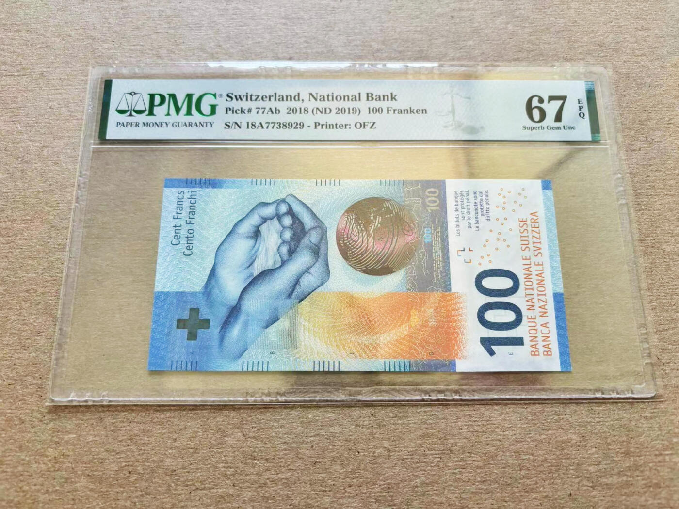 【Blue Auction】✨世界纸币精拍第511期【精】 【A冠】瑞士 手版 2018年100法郎 PMG67EPQ 高分 