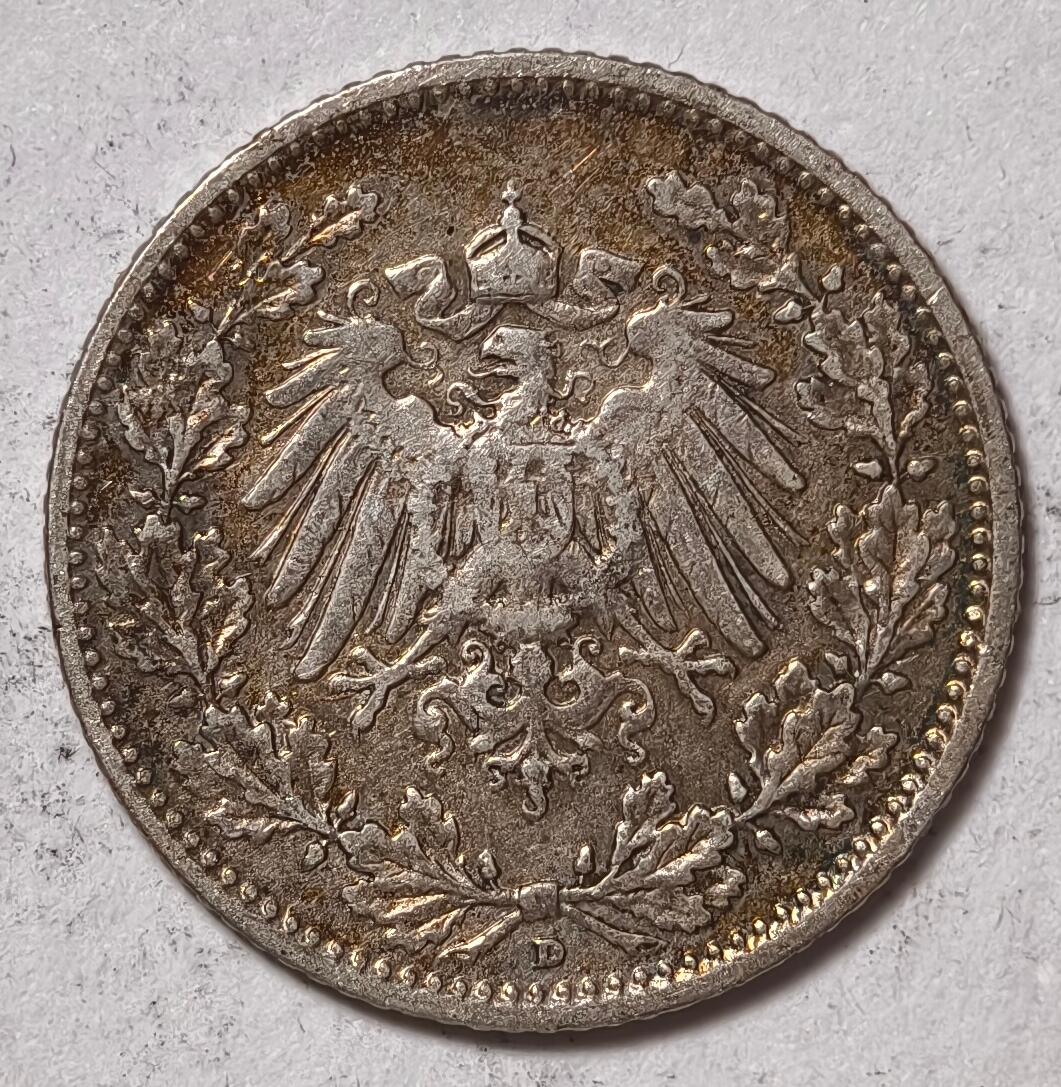 紫瑗钱币——第410期 德国 1909年 D版 第二帝国 1/2马克 银币 2.77克 0.9银