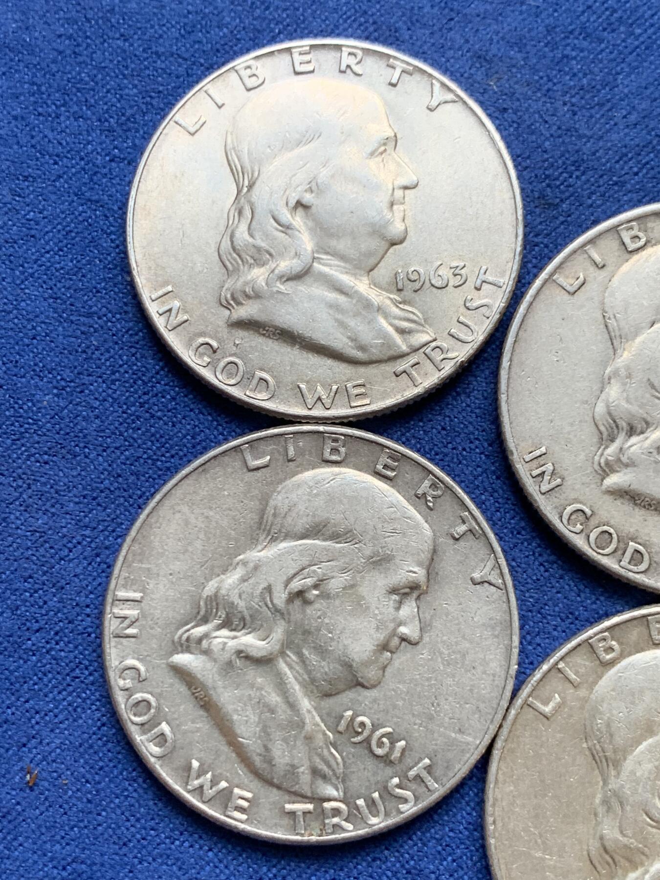 《竞宝斋》第290场- 周日，周一，周二 3场连拍 （全场包邮） 4枚一组 美国富兰克林半美元银币 1960+1961+1962+1963年