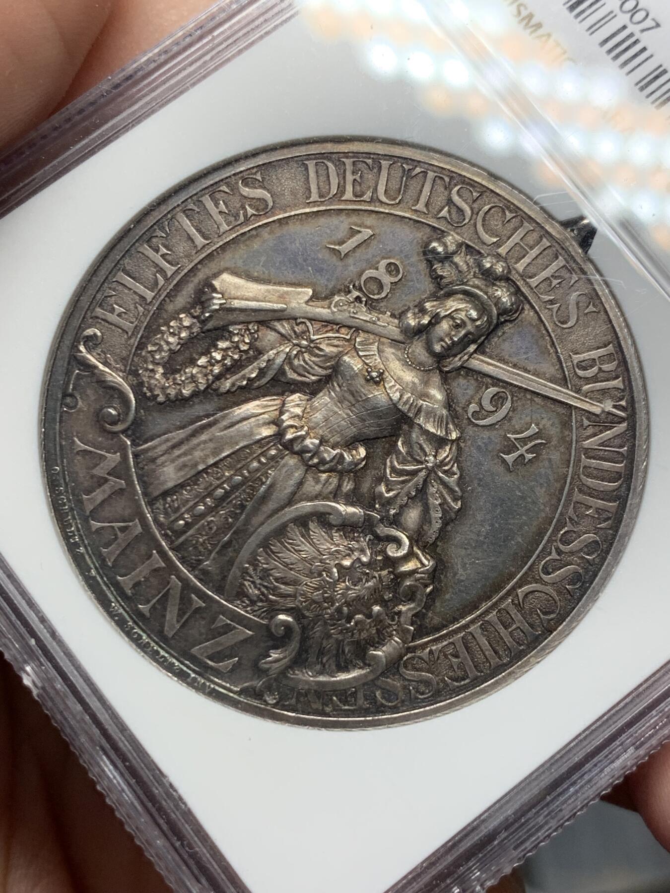 《竞宝斋》第291场- 周日，周一，周二 3场连拍 （全场包邮） NGC MS64 1894年德国美因茨射击节大银章 德章名誉品，冠军分顶级状态，值得入藏，吊环为原铸