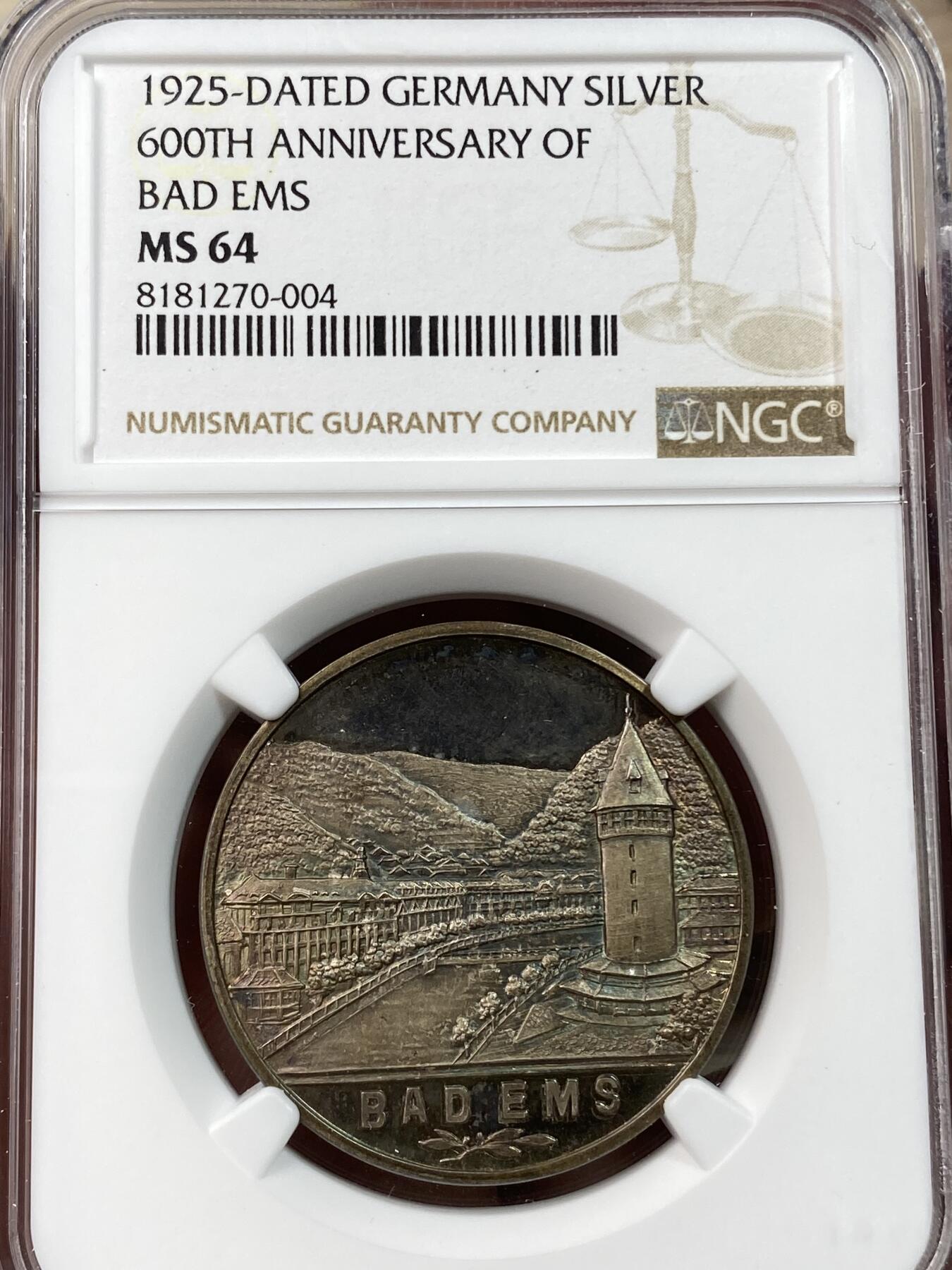 万国钱币拍卖第030期（万国三十期纪念大拍） NGC MS64 1925年德国巴特埃姆斯建城600周年纪念景观银章 超炫原盒七彩包浆 巴特埃姆斯城市盾徽