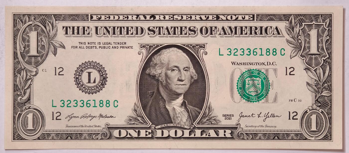 紫瑗钱币——第391期拍卖——纸币场 【双尾8】美国 2021年 L版 无序列 乔治·华盛顿 1美元 UNC-