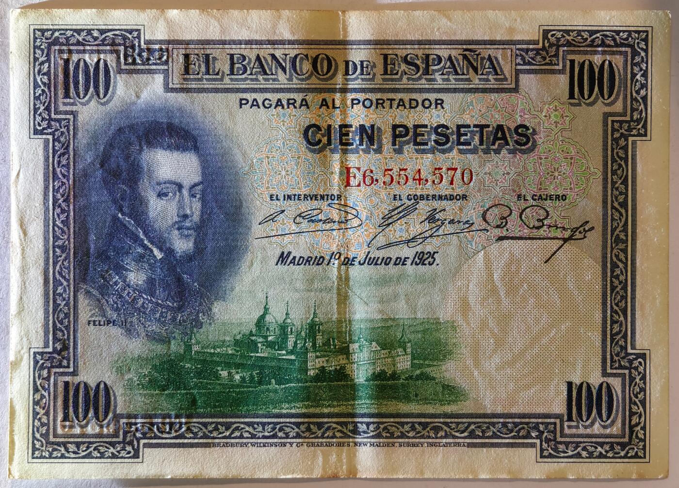 紫瑗钱币——第391期拍卖——纸币场 西班牙 1925年 油画《腓力二世的座椅》 100比塞塔 AU 