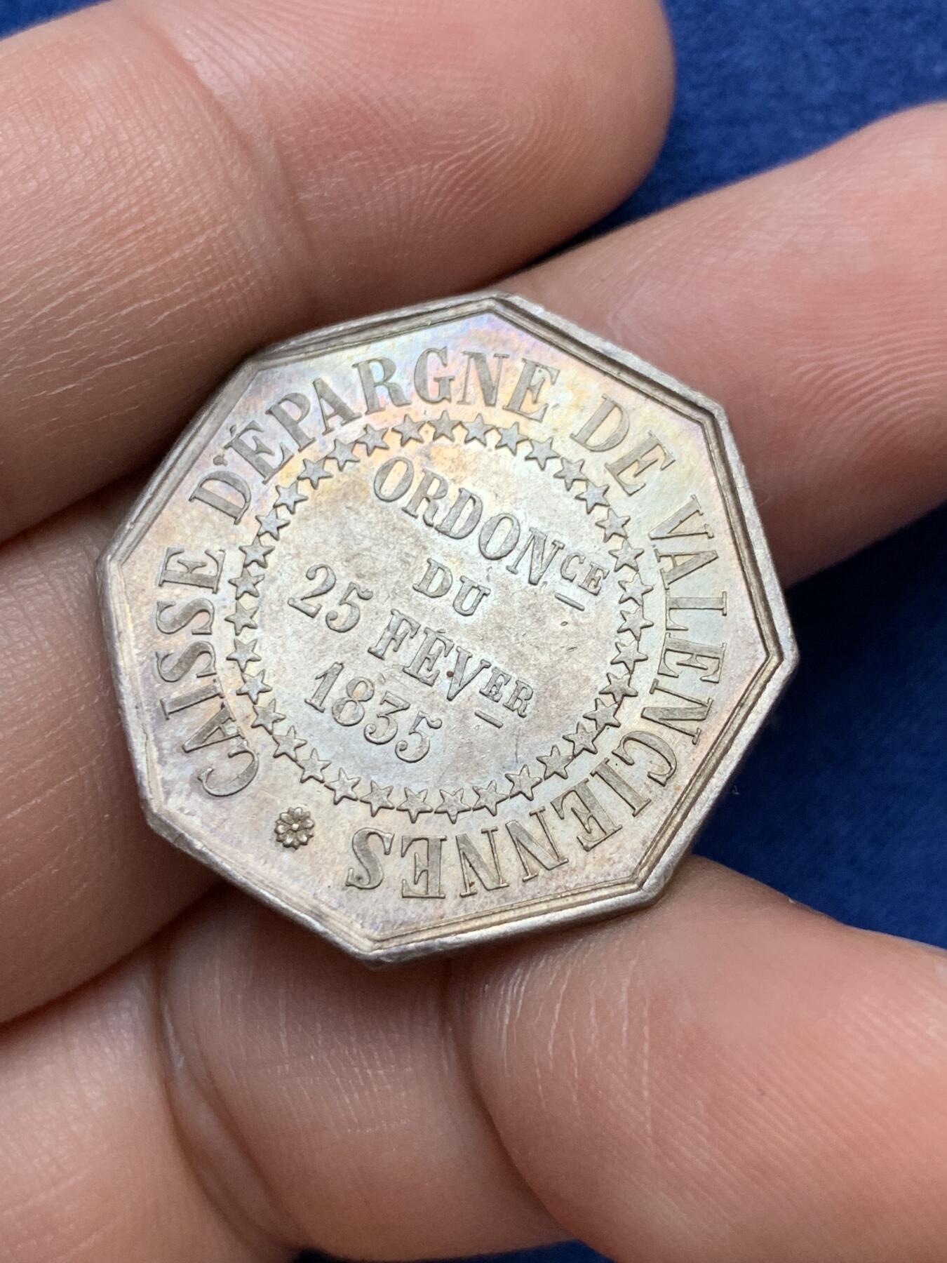 《竞宝斋》第291场- 周日，周一，周二 3场连拍 （全场包邮） 法国八角银章，瓦朗谢纳储蓄银行，10.09g，27.4mm，手指边铭