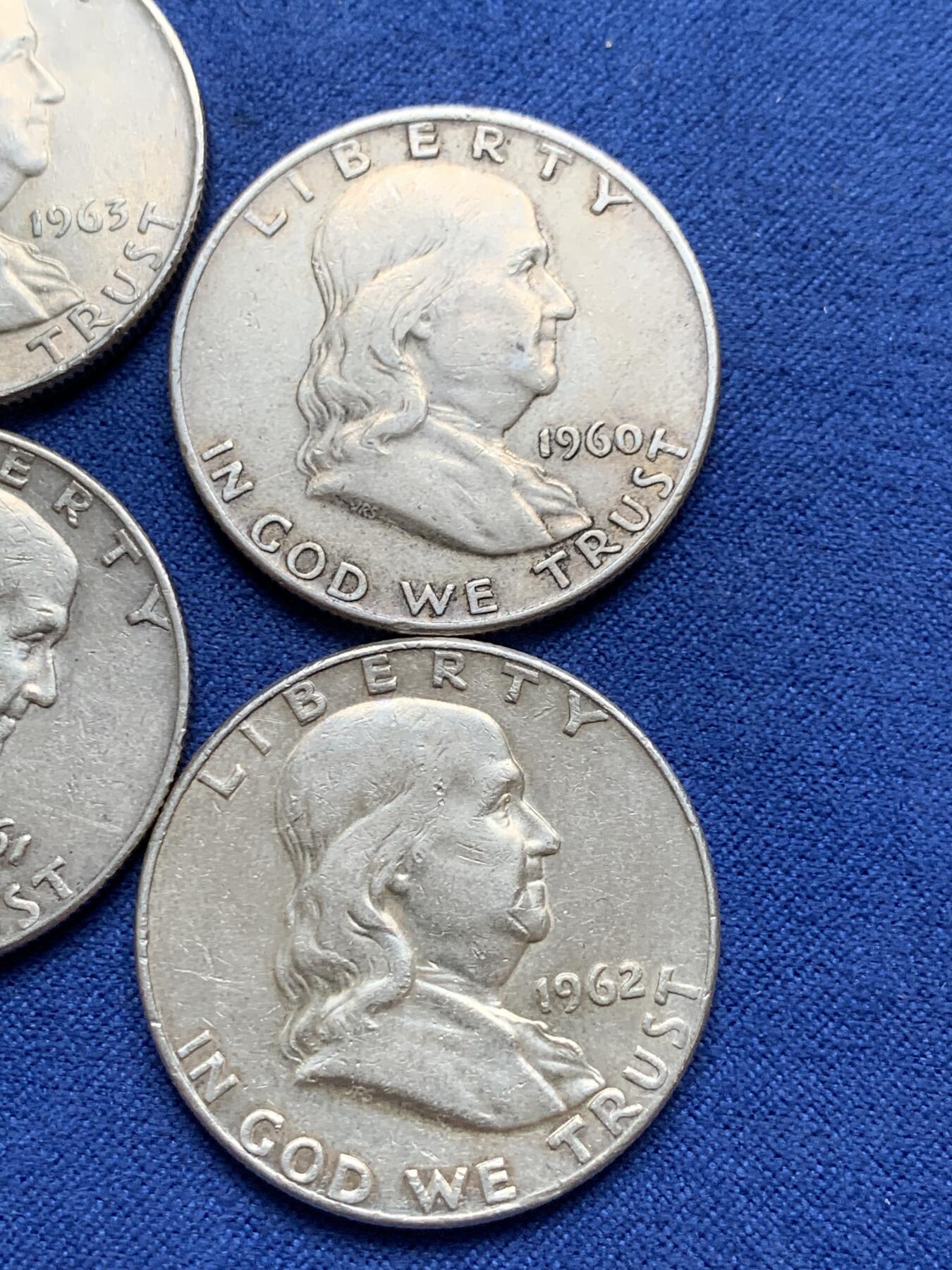 《竞宝斋》第290场- 周日，周一，周二 3场连拍 （全场包邮） 4枚一组 美国富兰克林半美元银币 1960+1961+1962+1963年